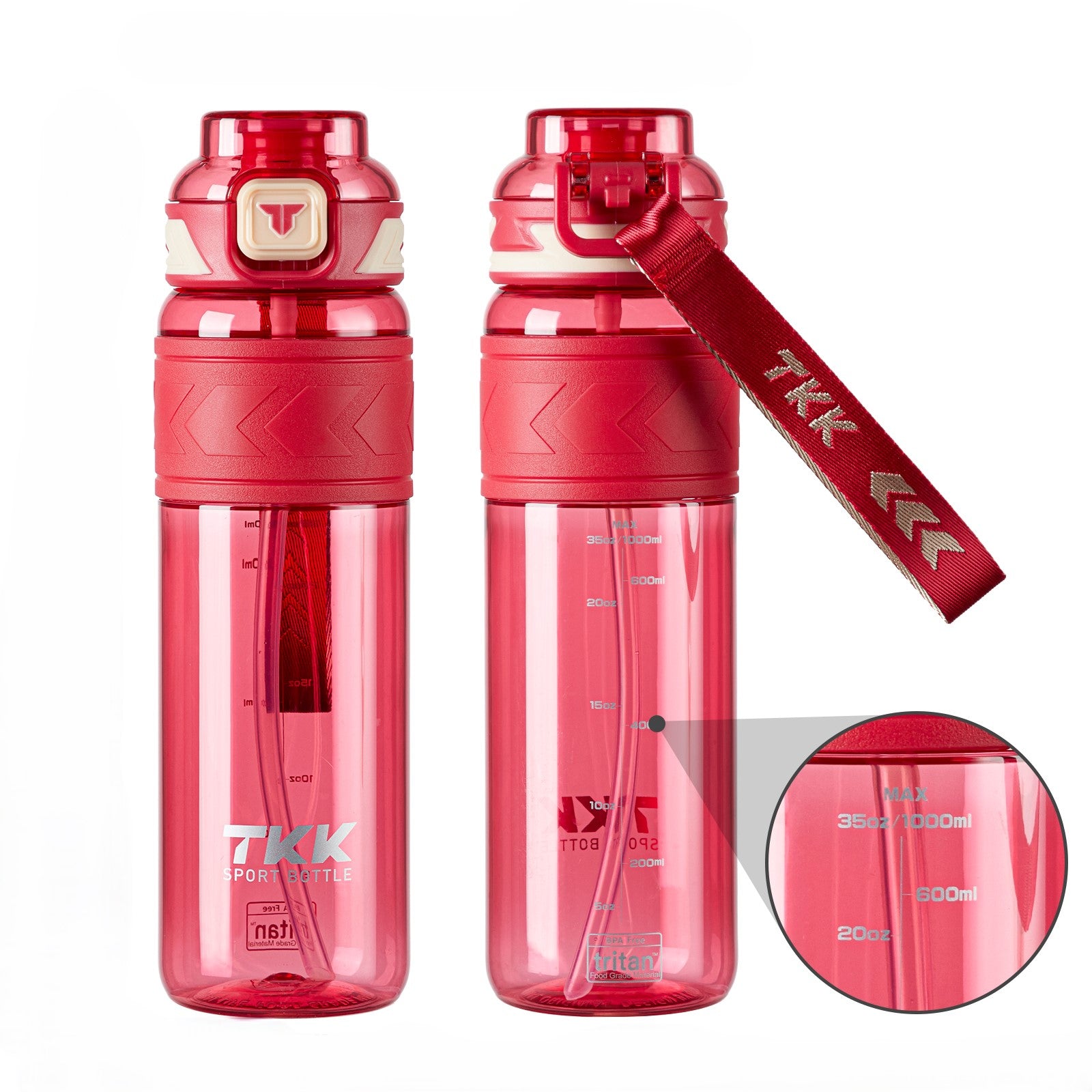 TKK Bouteille de Sport en Tritan 1000ml, paille amovible, couvercle anti-fuite, sans BPA