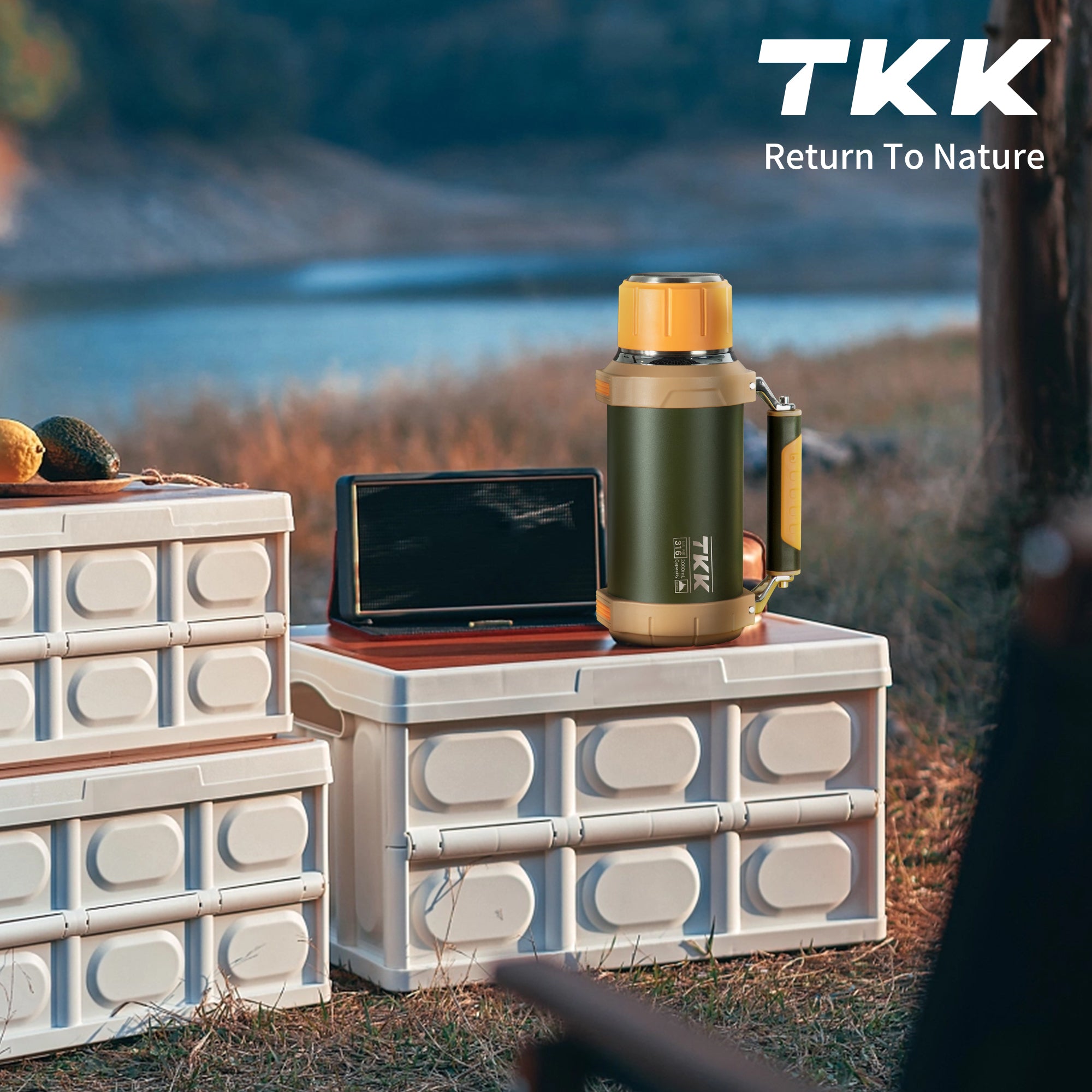 TKK Thermos Premium 2000ml, isotherme en acier inoxydable avec poignée et tasse