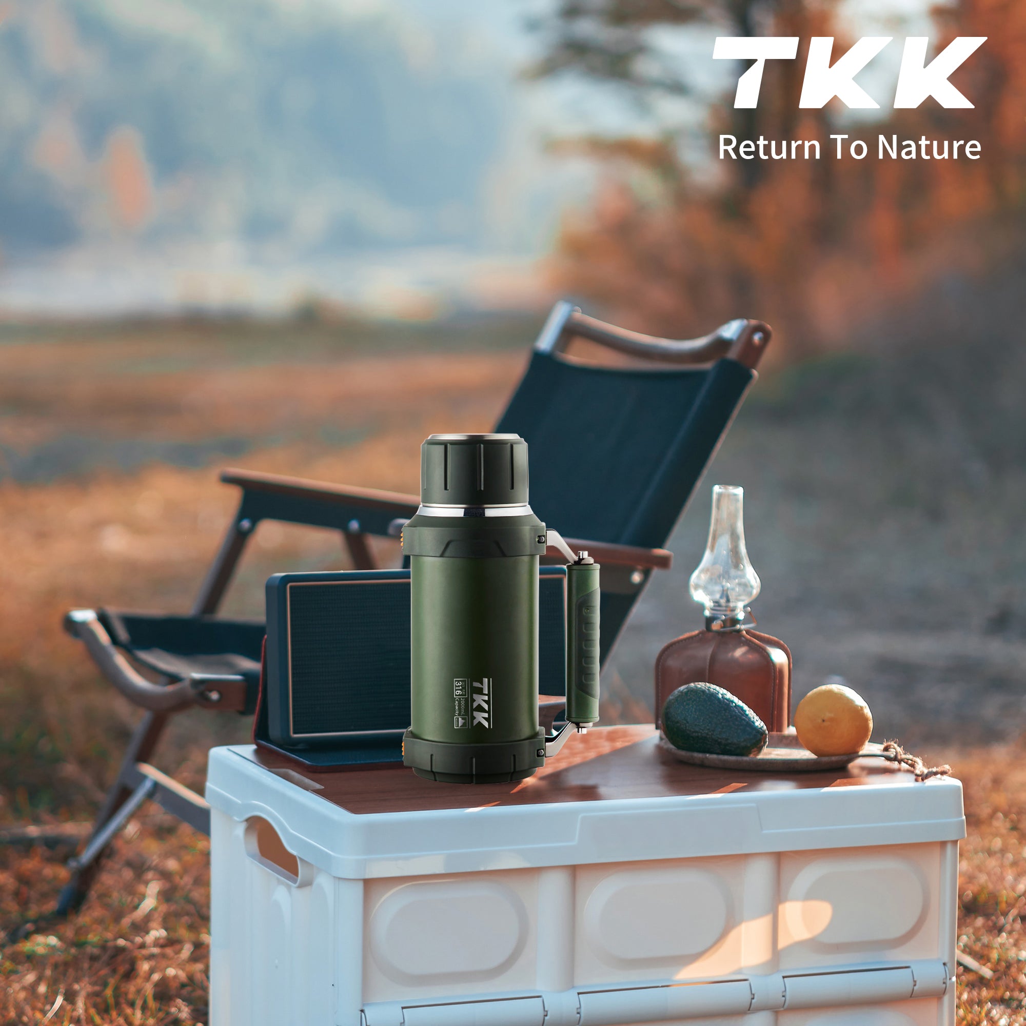 TKK Thermos Premium 2000ml, isotherme en acier inoxydable avec poignée et tasse