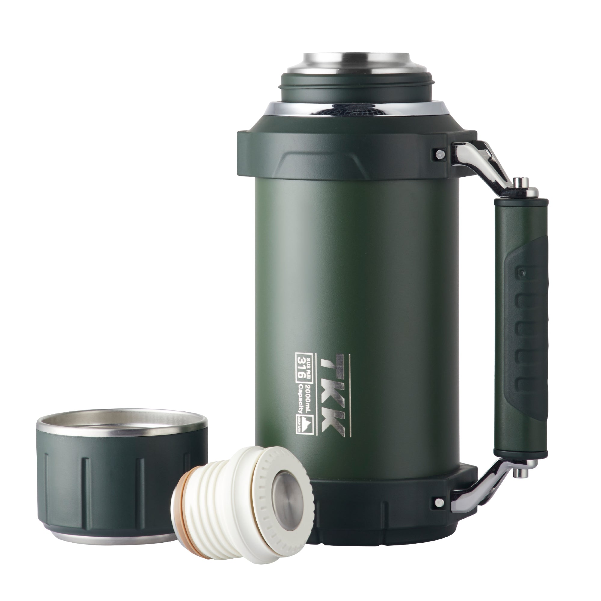 TKK Thermos Premium 2000ml, isotherme en acier inoxydable avec poignée et tasse