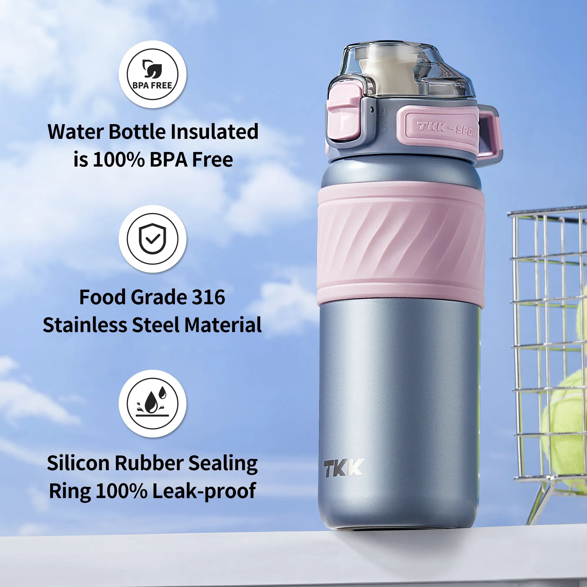 TKK Gourde isotherme 500ml avec paille, thermos réutilisable en acier inoxydable