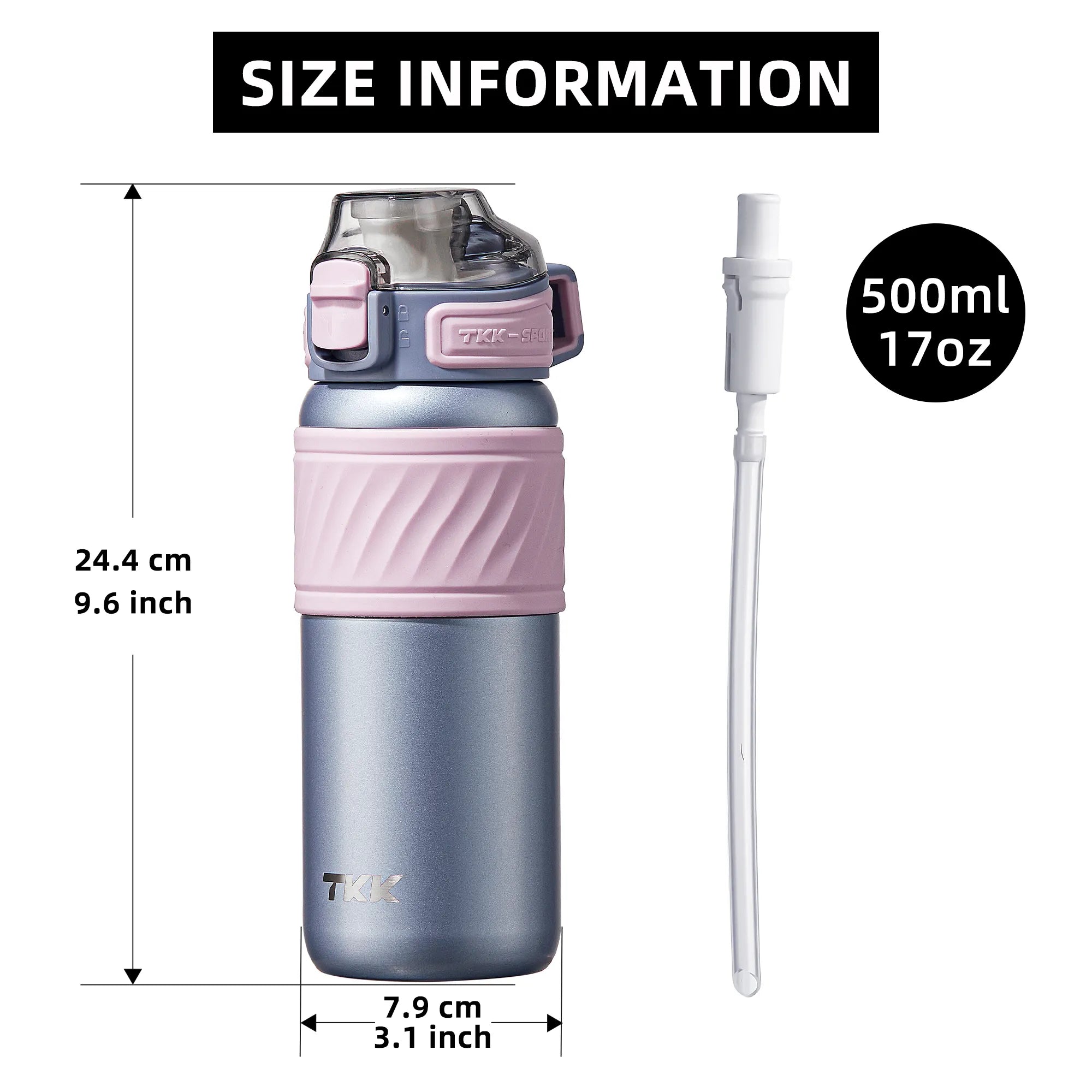 TKK Gourde isotherme 500ml avec paille, thermos réutilisable en acier inoxydable