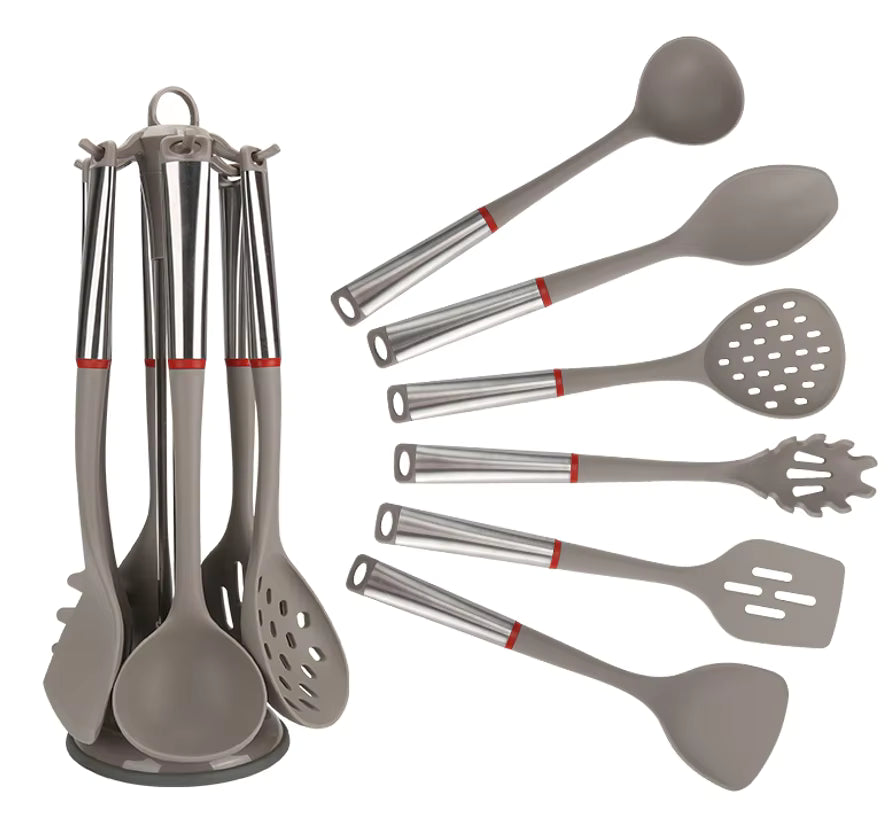 Set d’Ustensiles de Cuisine 6 Pièces en Silicone, Outils de Cuisson Antiadhésifs avec Manches en Acier Inoxydable