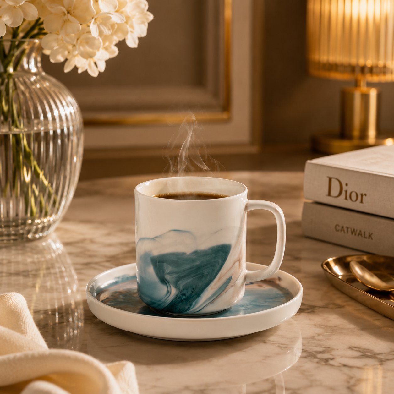 Service Café Marbré Vert en Céramique, 6 Tasses avec Soucoupes