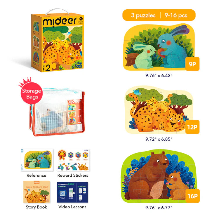 Mideer Puzzles Level Up! avec sac de rangement Niveau 2 : Familles d’animaux, 9 à 16 pièces