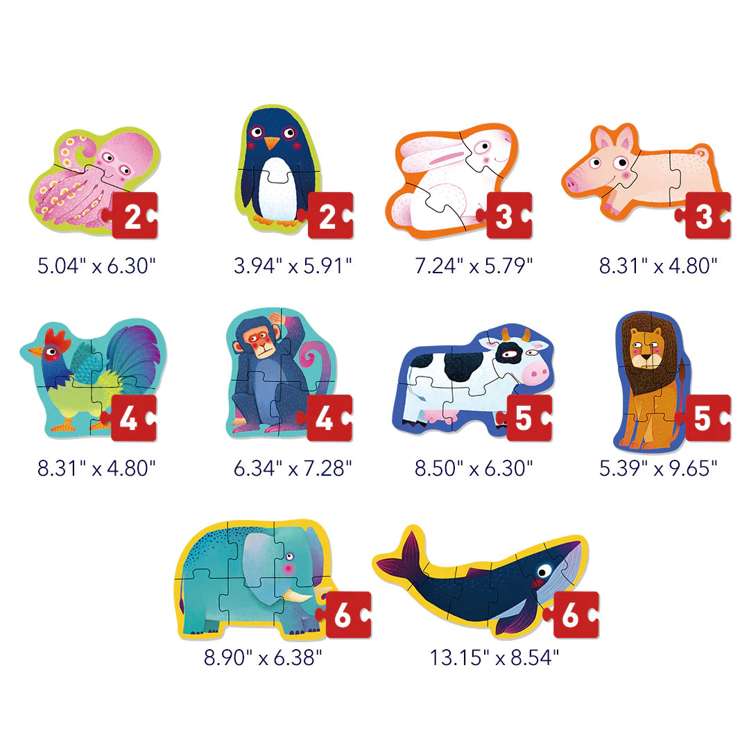 Mideer Puzzles Level Up! avec sac de rangement Niveau 1 : Animaux, 2 à 6 pièces