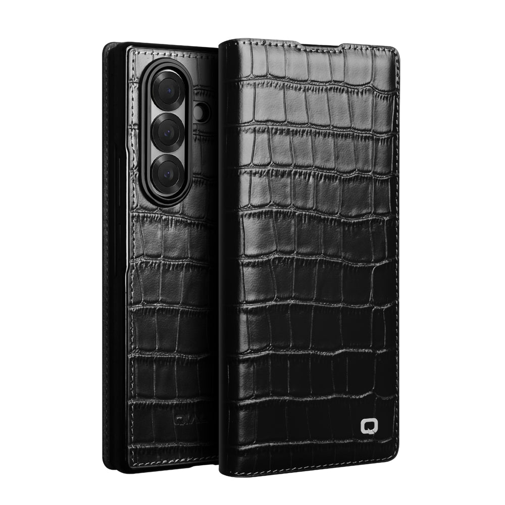 QIALINO Étui Premium Noir, en cuir véritable fait main, finition grain Alligator, pour Samsung Galaxy Z Fold7