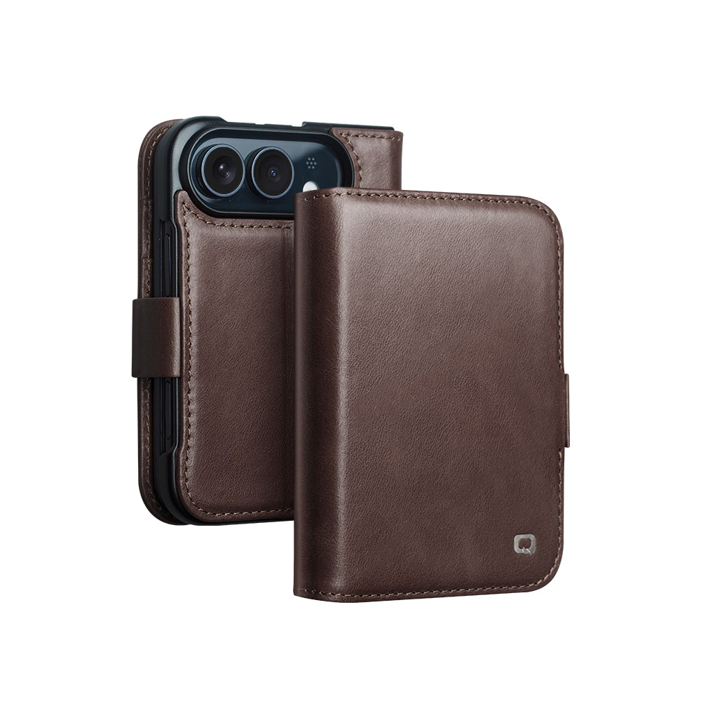 QIALINO Étui Portefeuille Magnétique Marron Foncé en cuir pleine fleur pour iPhone Duo