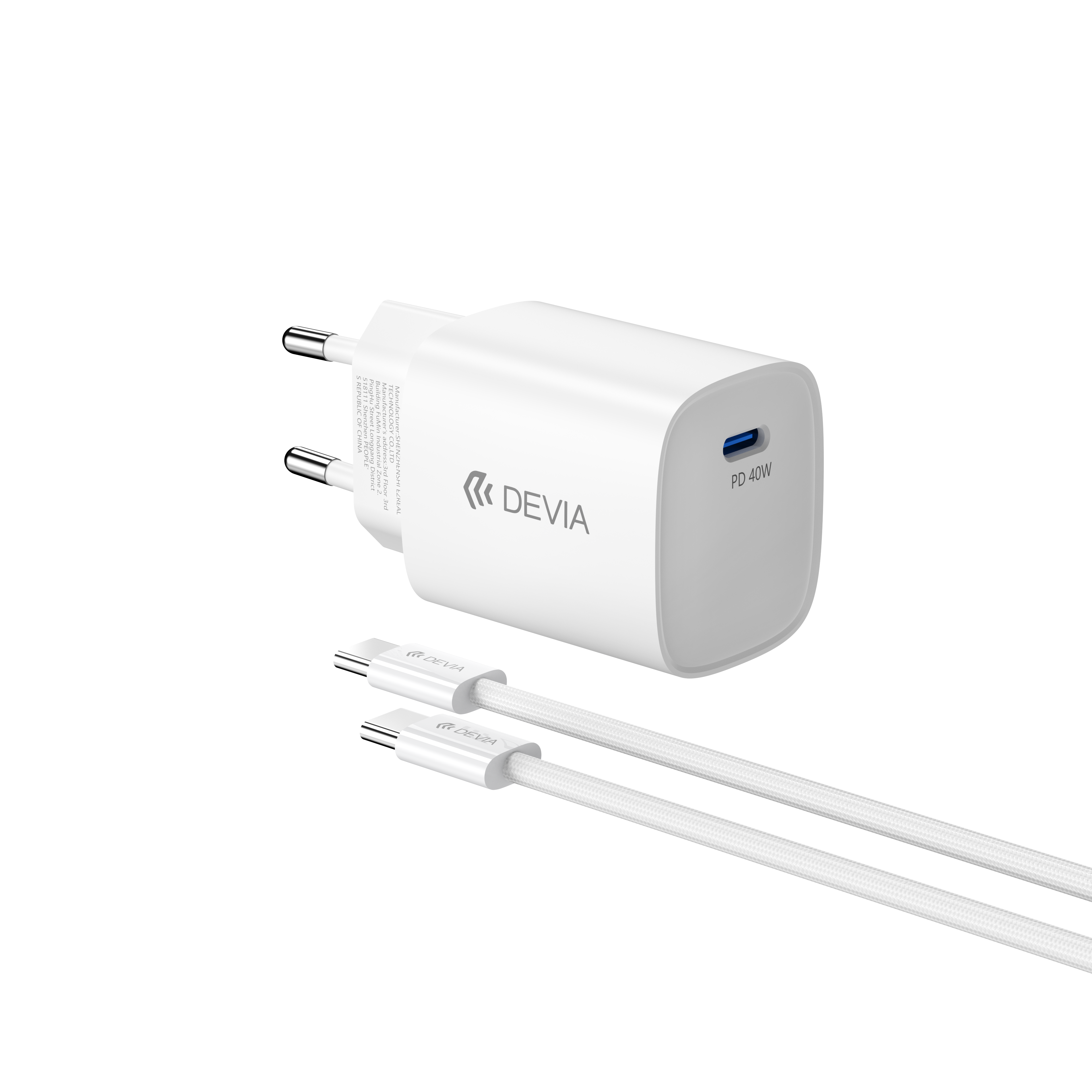 Devia Ultra 6 Chargeur GaN Dynamique PD 40W avec Câble USB-C vers USB-C, EU Max 60W Blanc
