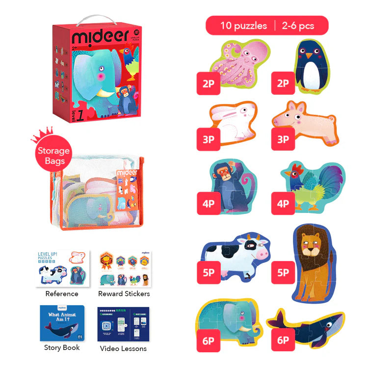 Mideer Puzzles Level Up! avec sac de rangement Niveau 1 : Animaux, 2 à 6 pièces