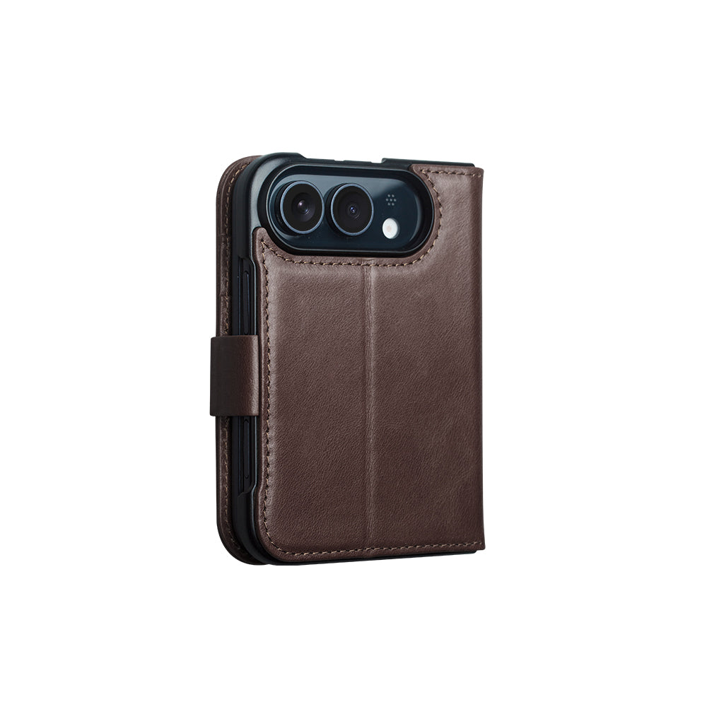 QIALINO Étui Portefeuille Magnétique Marron Foncé en cuir pleine fleur pour iPhone Duo