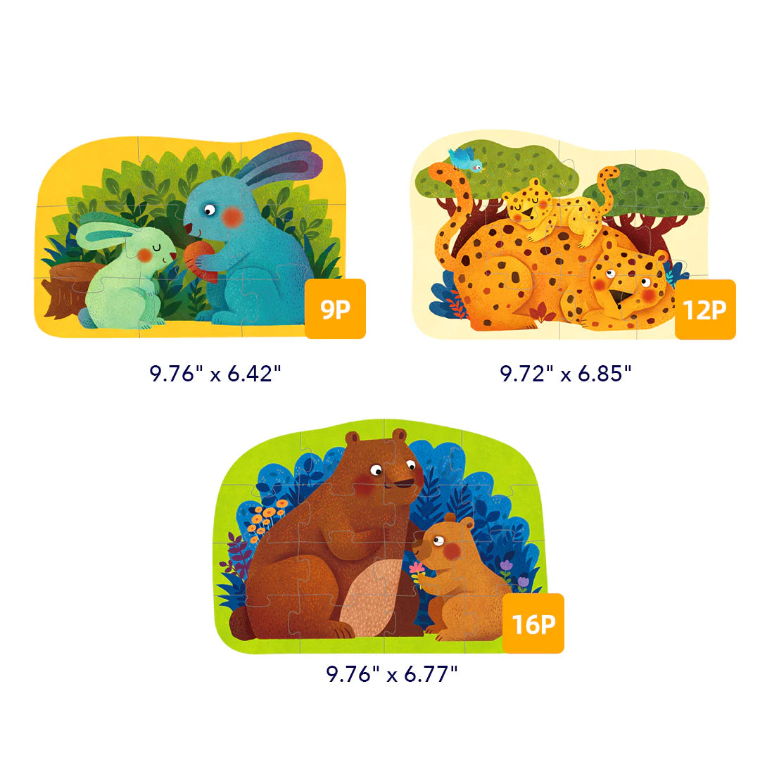 Mideer Puzzles Level Up! avec sac de rangement Niveau 2 : Familles d’animaux, 9 à 16 pièces