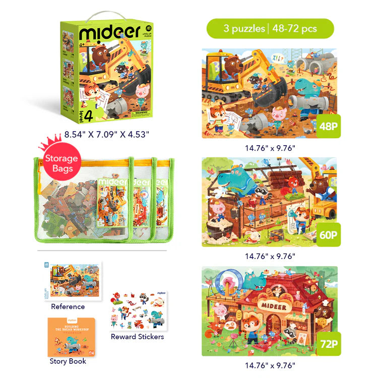 Mideer Puzzles Level Up! avec sac de rangement Niveau 4 : Chantier en action, 48 à 72 pièces