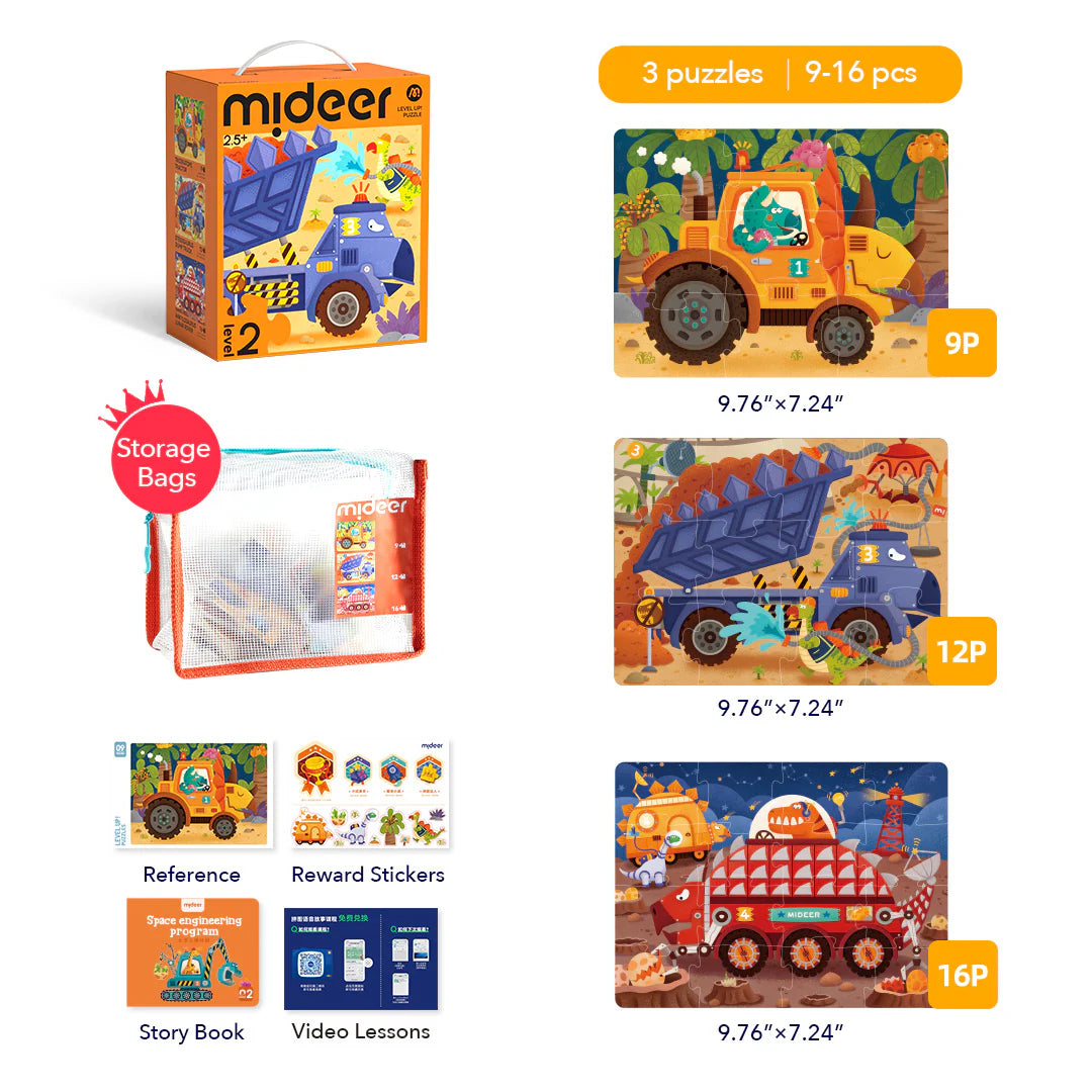 Mideer Puzzles Level Up! avec sac de rangement Niveau 2 : Projets dinosaures, 9 à 16 pièces