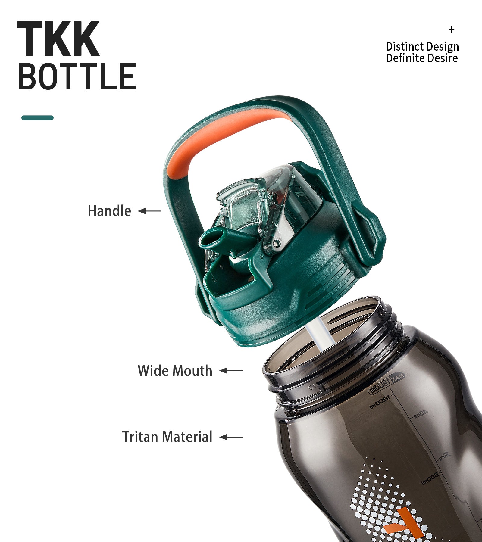 TKK Bouteille d’eau 2000ml en Tritan, paille amovible, anti-fuite, sans BPA