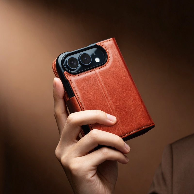 QIALINO Étui Portefeuille Magnétique Marron Clair en cuir pleine fleur pour iPhone Duo