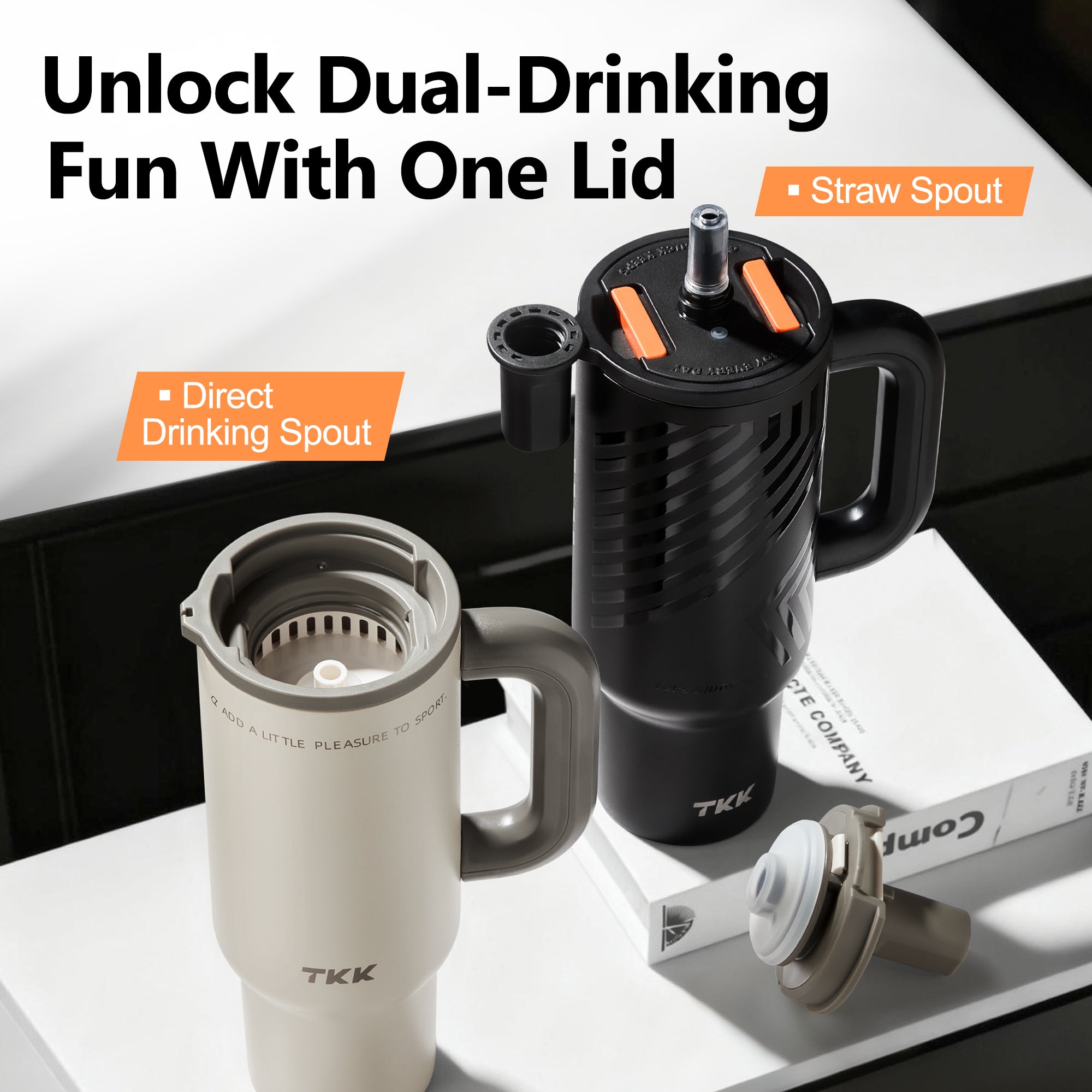 TKK Tumbler Isotherme 1000ml avec poignée et paille, Revêtement Céramique, sans BPA
