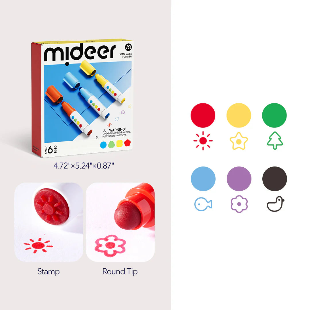 Mideer Marqueurs Lavables à Pointe Ronde et Tampon : 12 couleurs