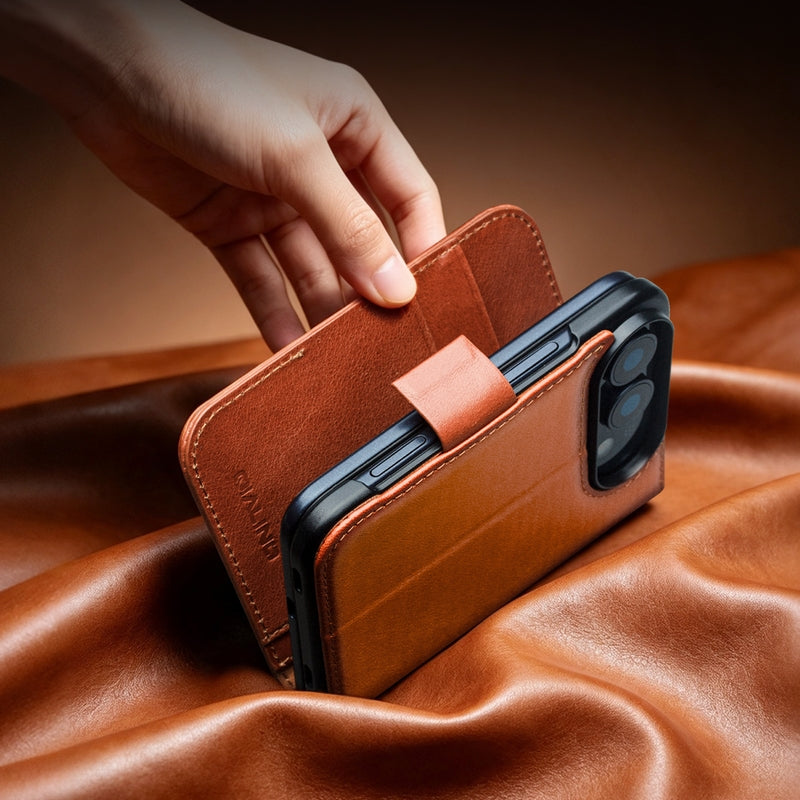 QIALINO Étui Portefeuille Magnétique Marron Clair en cuir pleine fleur pour iPhone Duo