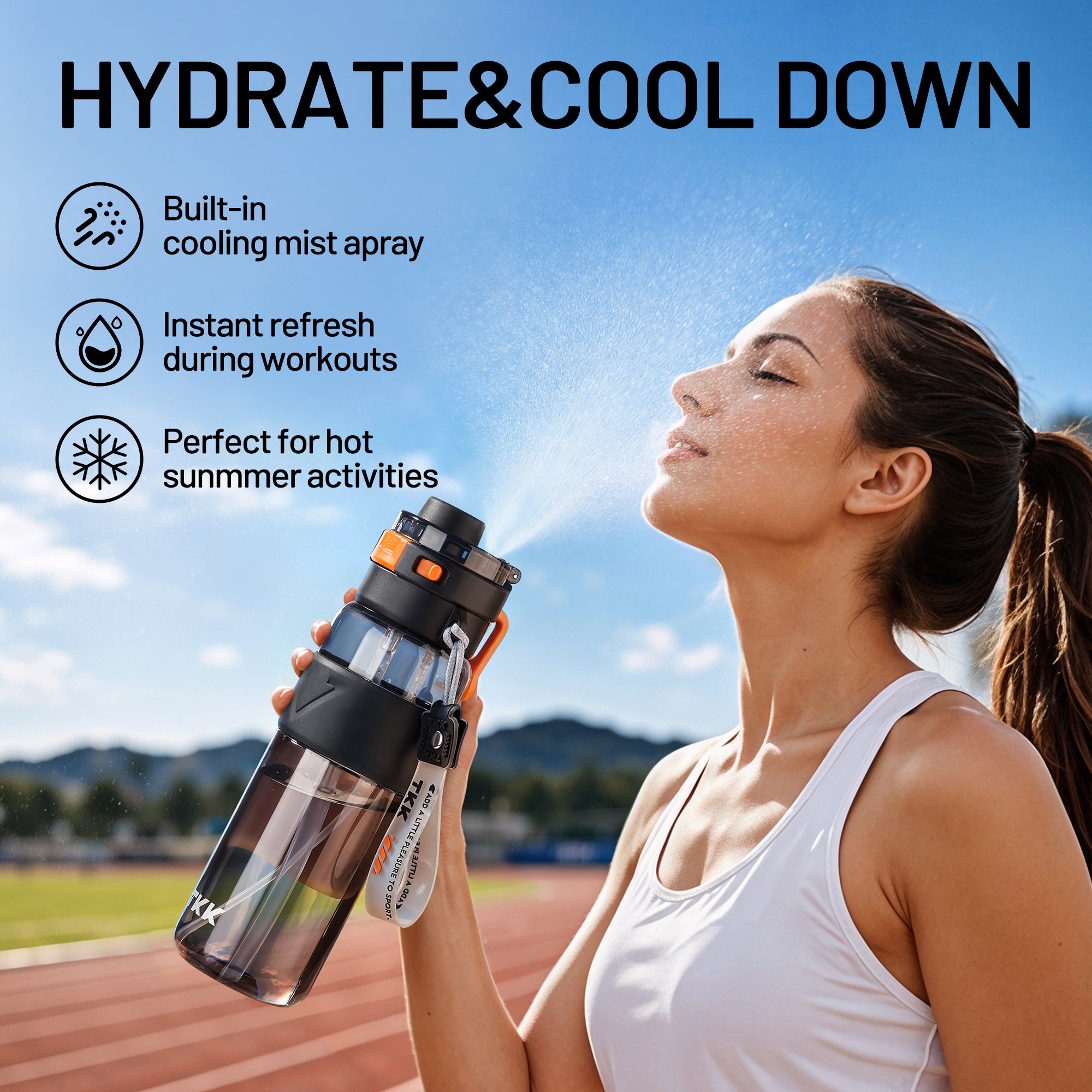 TKK Gourde Brumisateur 750ml avec Paille, Couvercle Rabattable Étanche, Sans BPA, en Tritan