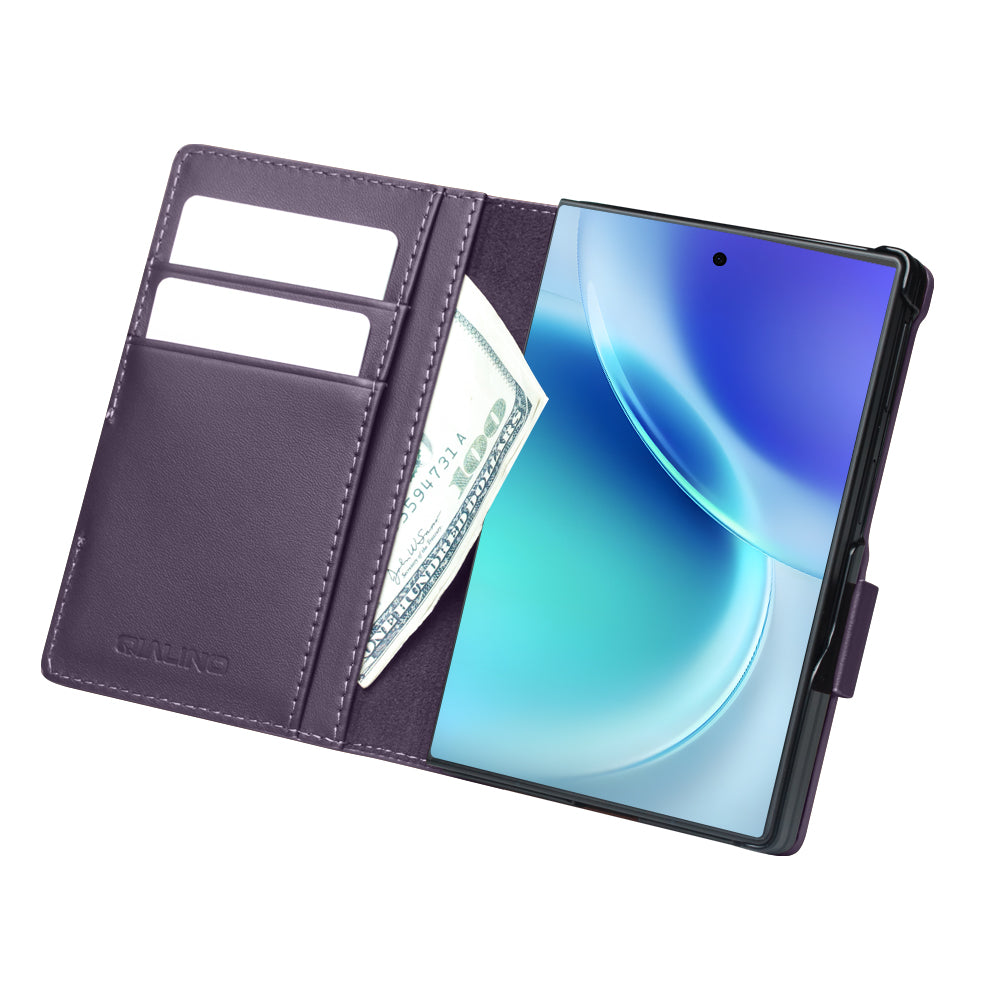 QIALINO Étui Portefeuille Magnétique Violet en cuir pleine fleur pour Samsung Galaxy Fold8