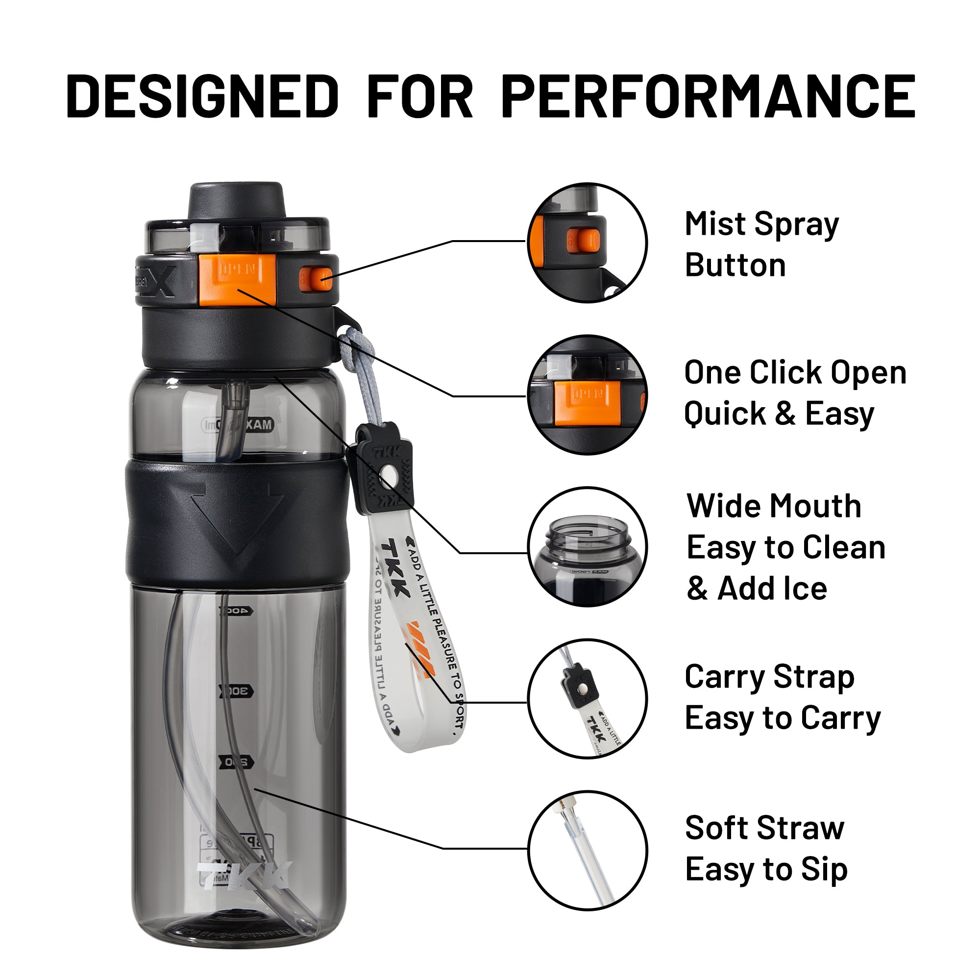 TKK Gourde Brumisateur 750ml avec Paille, Couvercle Rabattable Étanche, Sans BPA, en Tritan