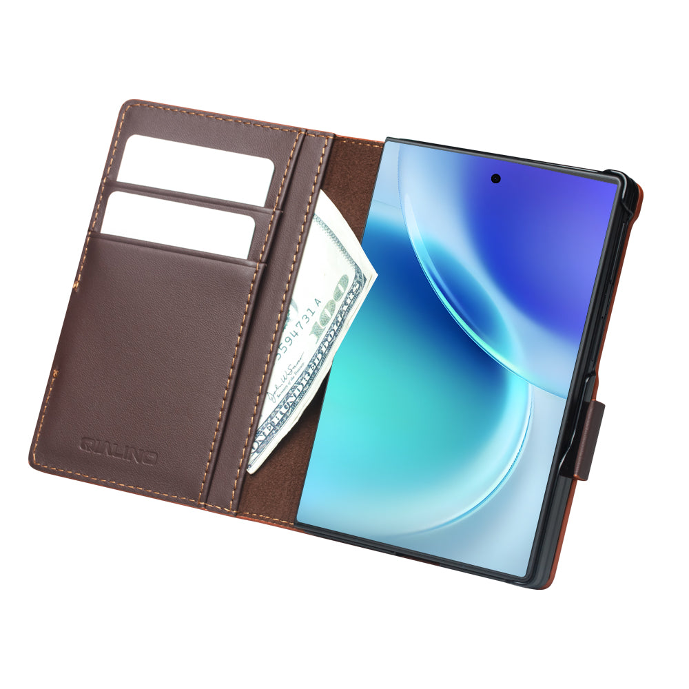 QIALINO Étui Portefeuille Magnétique Marron Foncé en cuir pleine fleur pour Samsung Galaxy Fold8