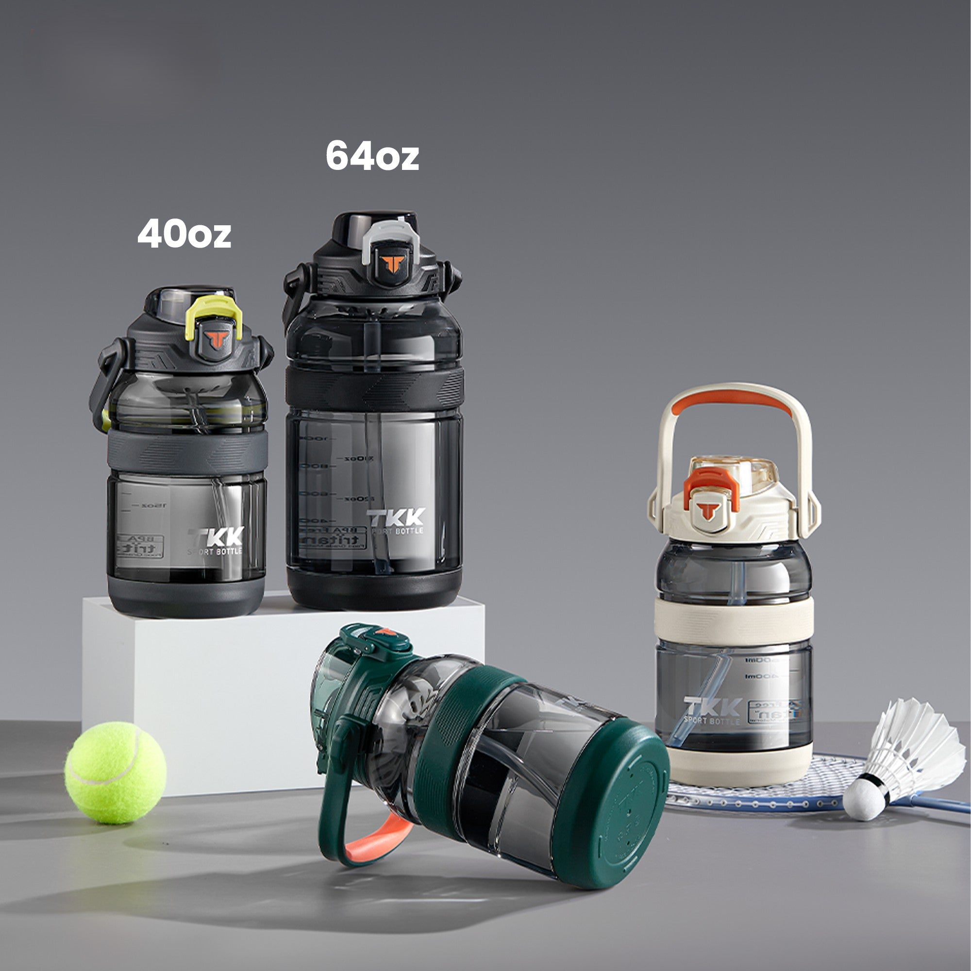 TKK Gourde de Sport en Tritan 2000ml, Couvercle 2-en-1 avec Paille, sans BPA