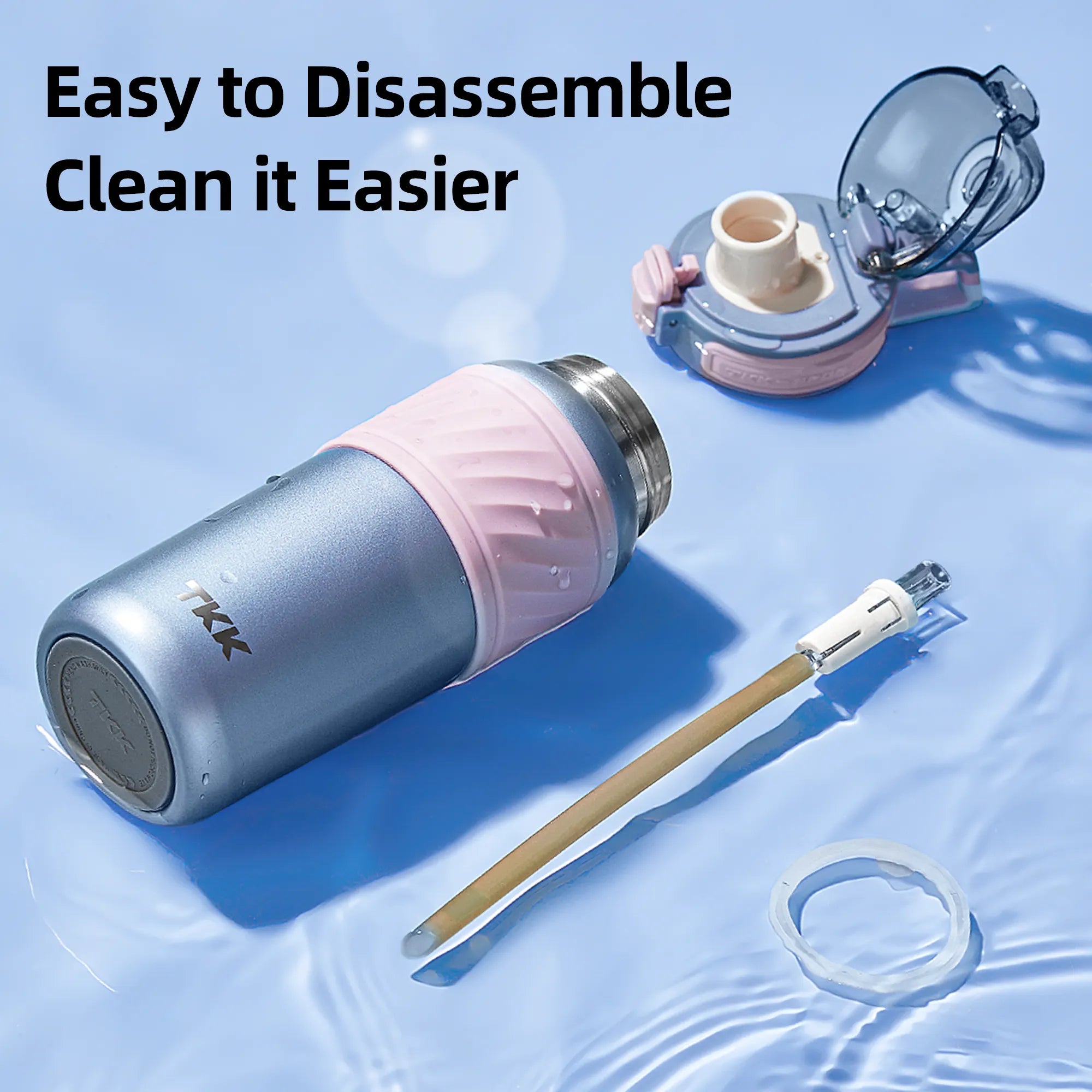 TKK Gourde isotherme 500ml avec paille, thermos réutilisable en acier inoxydable