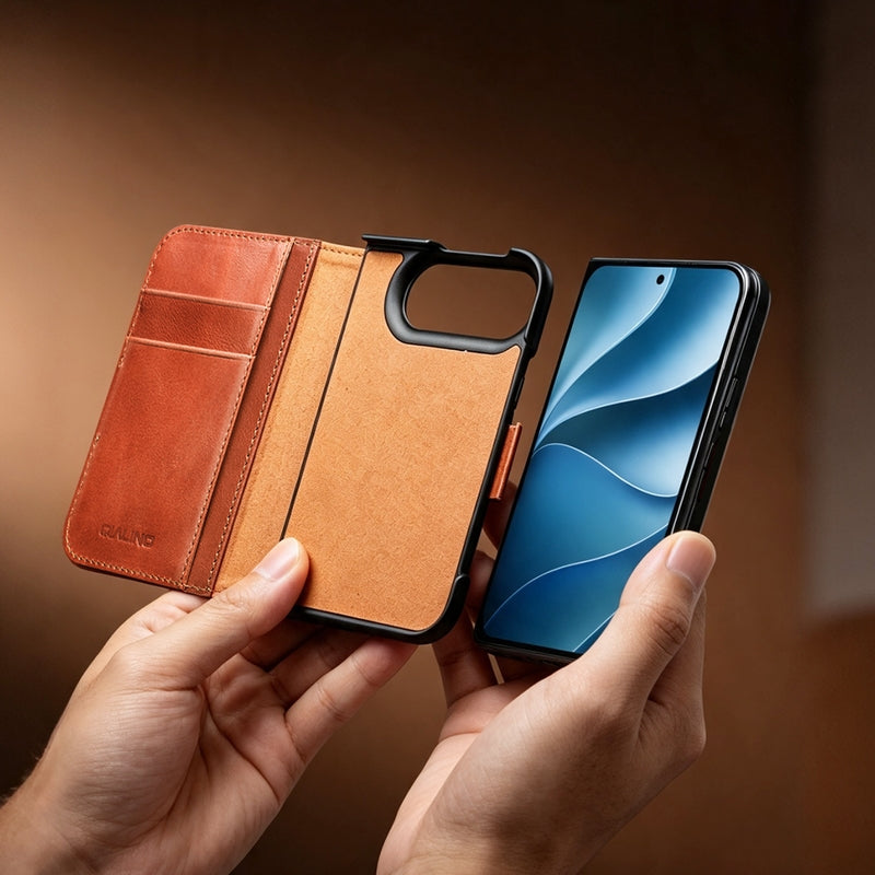 QIALINO Étui Portefeuille Magnétique Marron Clair en cuir pleine fleur pour iPhone Duo