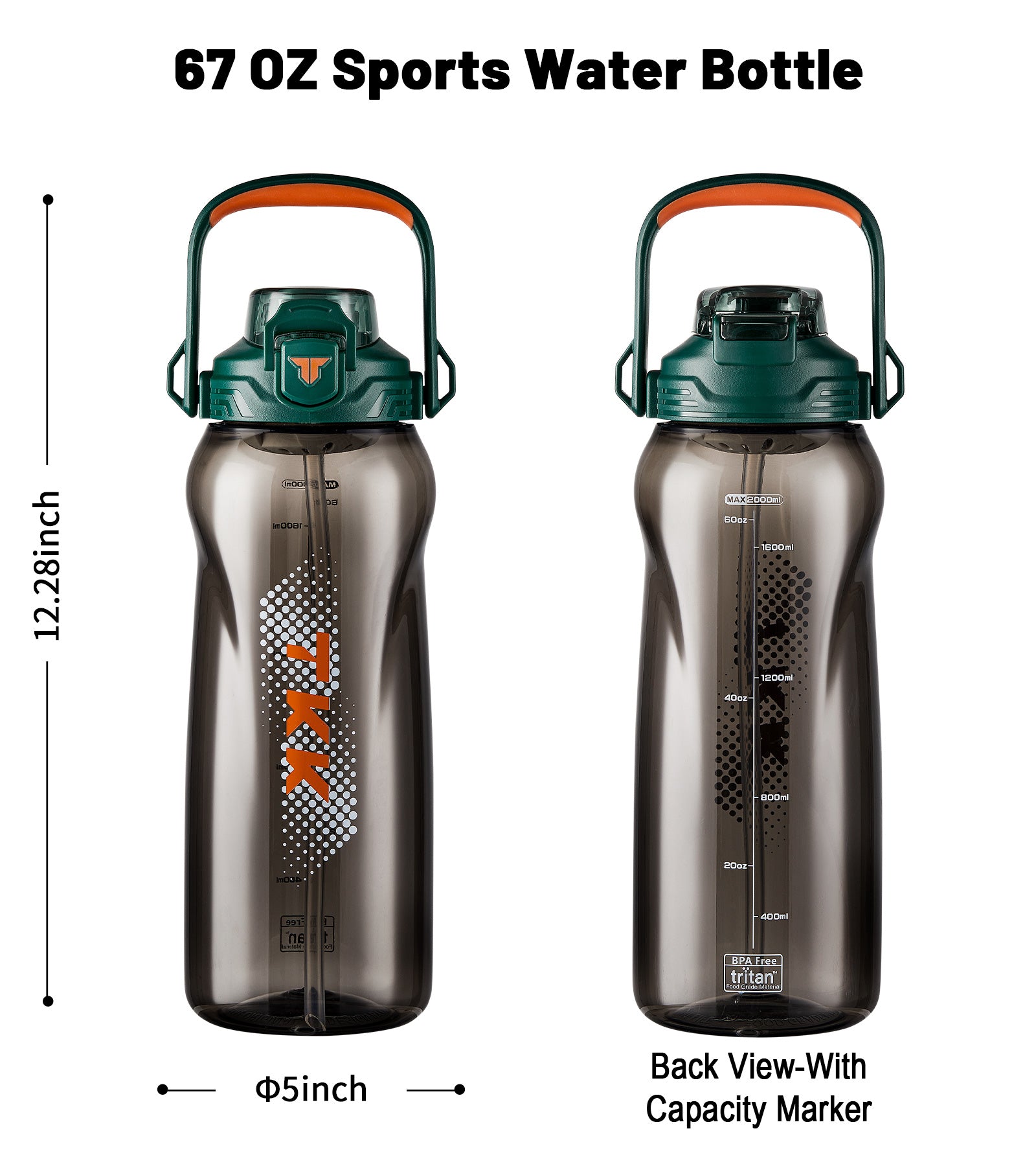 TKK Bouteille d’eau 2000ml en Tritan, paille amovible, anti-fuite, sans BPA