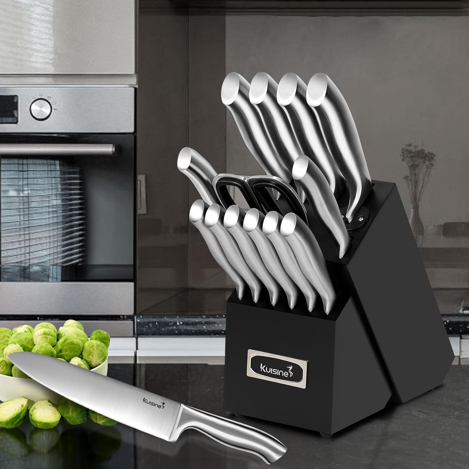 Kuisine Ensemble de Couteaux Premium, 15 Pièces Argent, Acier Inoxydable et Ultra Tranchants