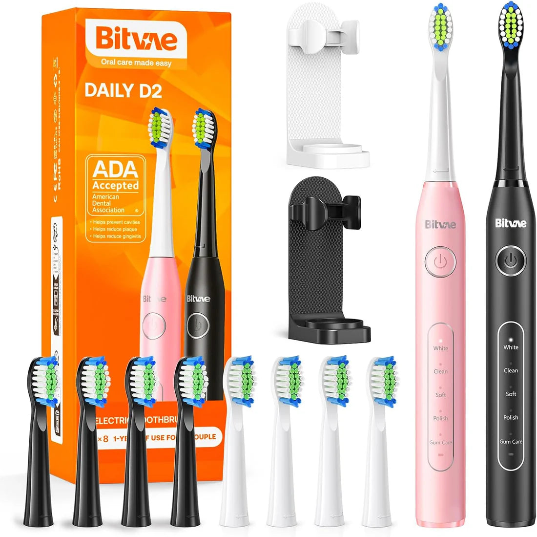 Bitvae D2 Pack, 2 Brosses à Dents électriques Noir et Rose, Ultrasonique avec 8 Têtes de Brosse