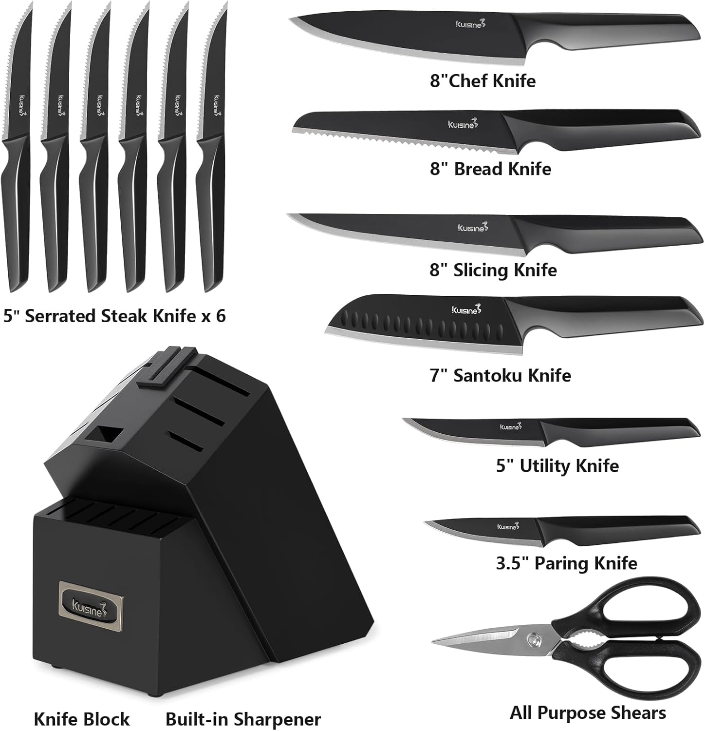 Kuisine Ensemble de Couteaux Premium 15 Pièces Noir, Acier Inoxydable et Ultra Tranchants