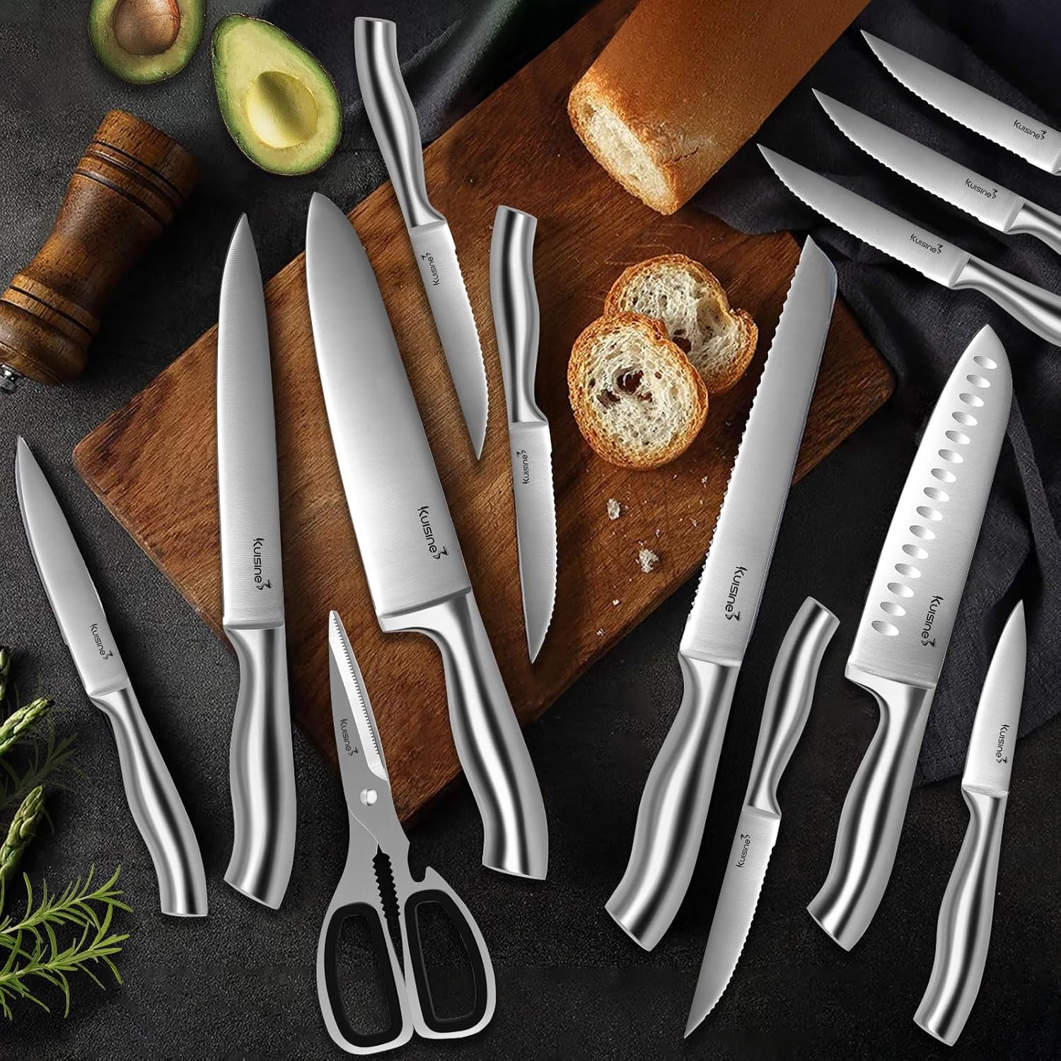 Kuisine Ensemble de Couteaux Premium, 15 Pièces Argent, Acier Inoxydable et Ultra Tranchants