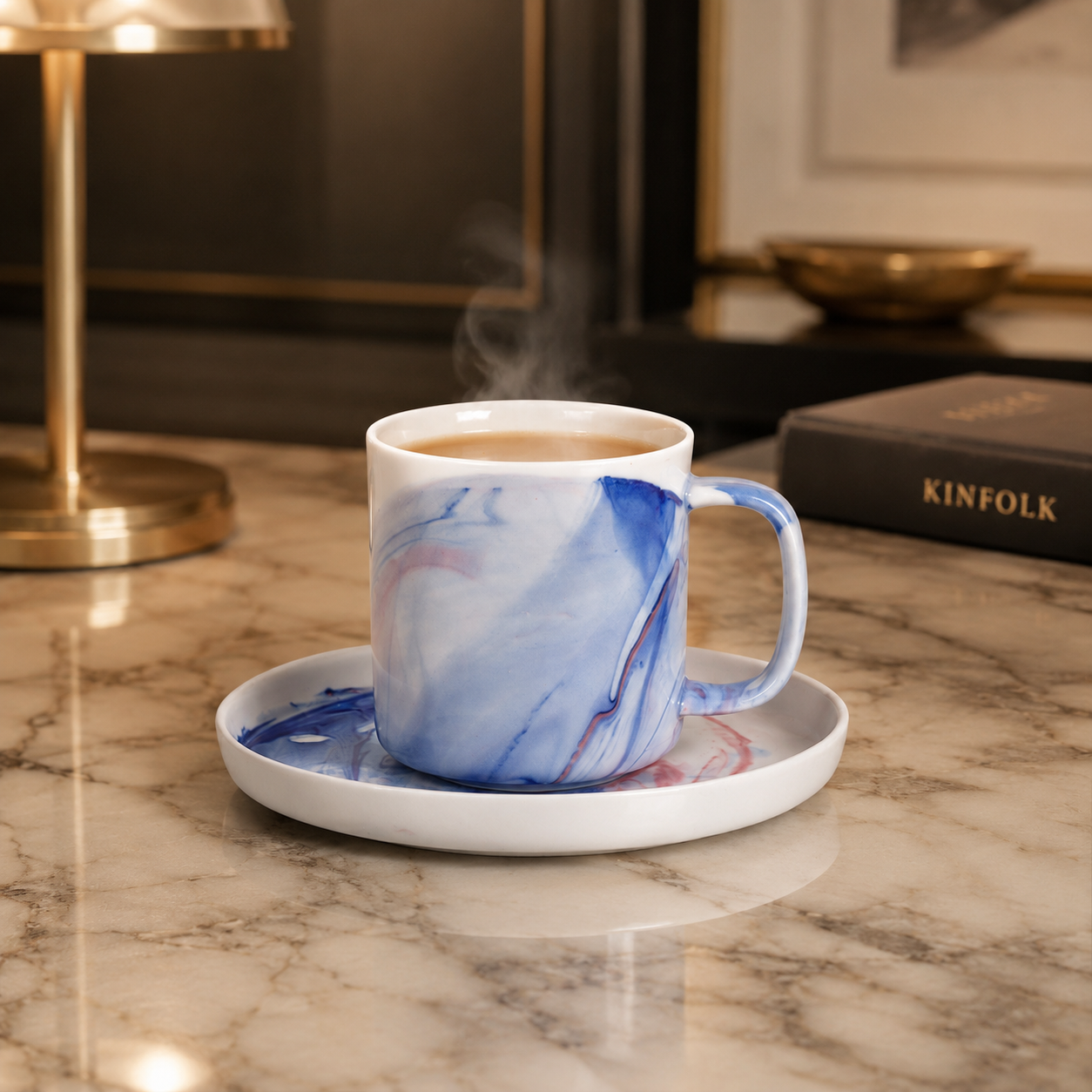 Service Café Marbré Bleu en Céramique, 6 Tasses avec Soucoupes