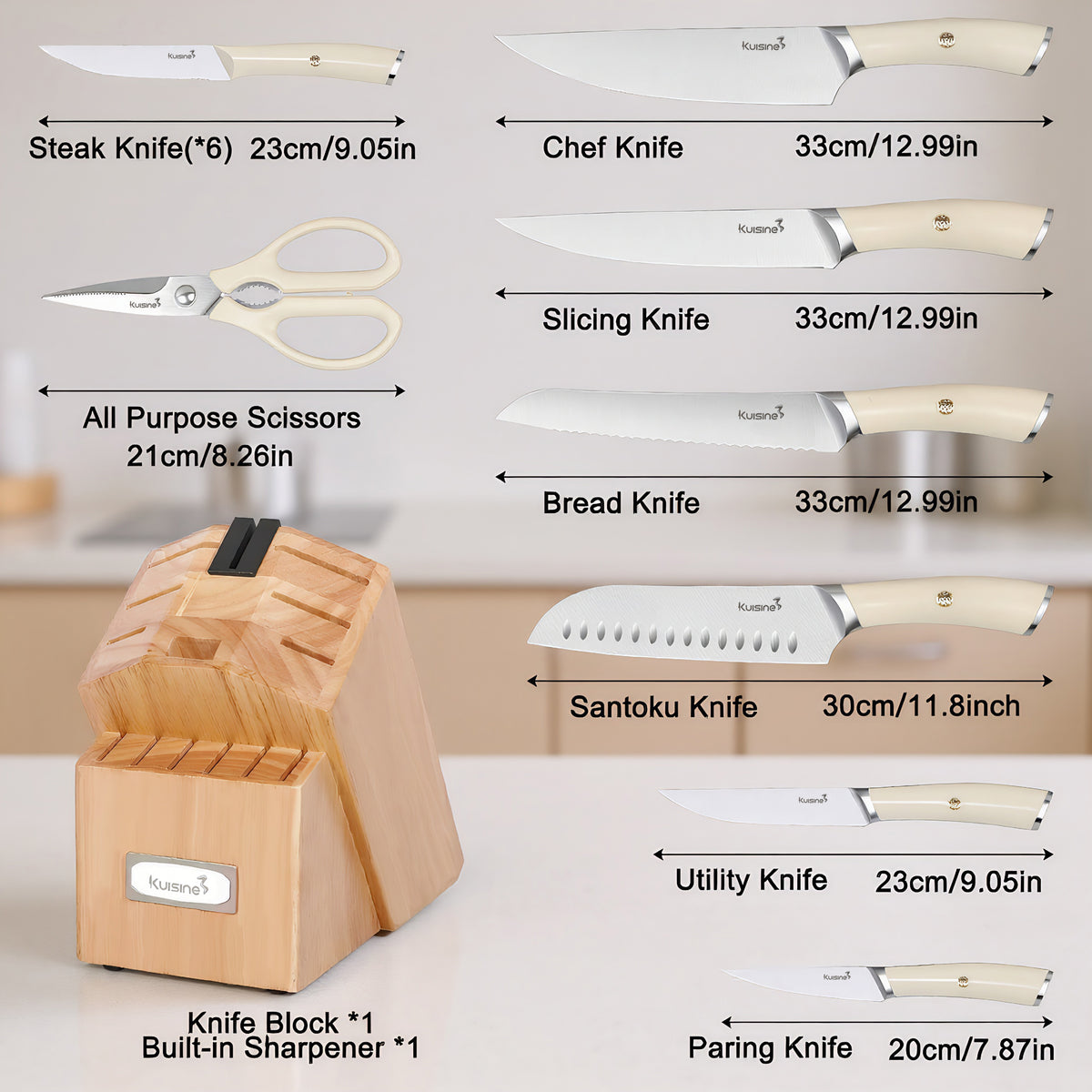 Kuisine Ensemble de Couteaux Premium, 15 Pièces Acacia ivoire, Acier Inoxydable et Ultra Tranchants