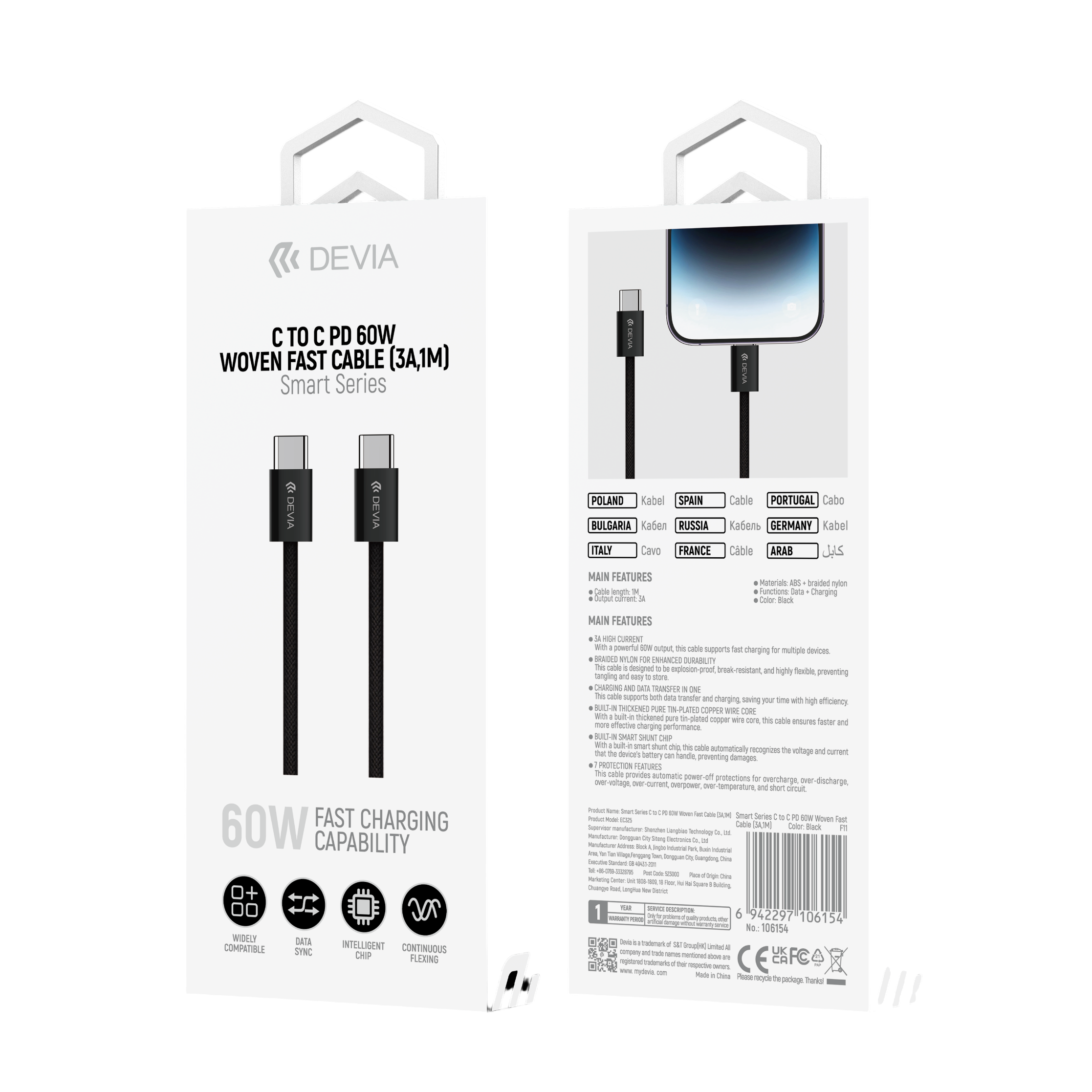 Devia Smart Series Câble Tressé USB-C vers USB-C PD 60W, Charge Rapide 3A, 1M Noir