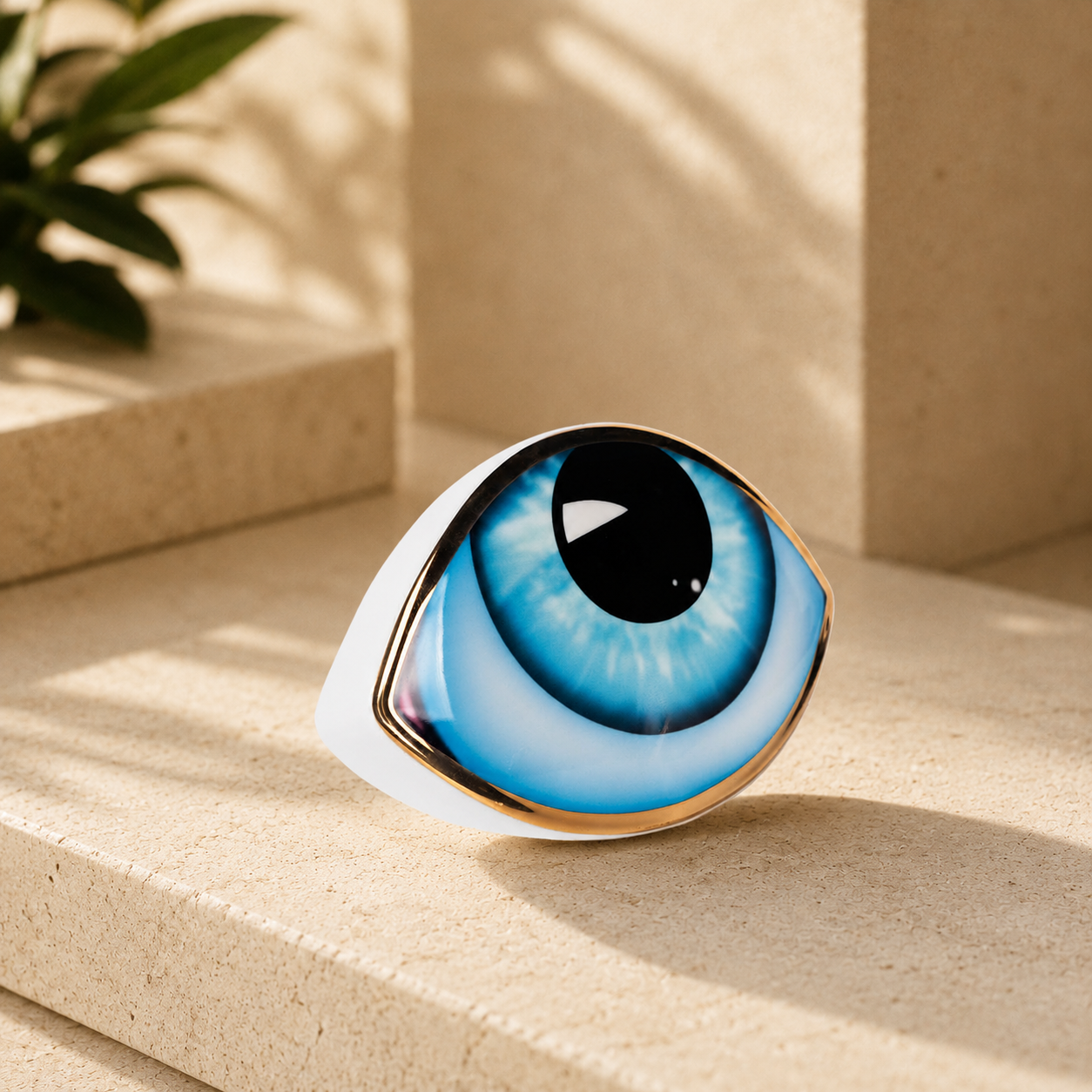 Décoration Œil en Céramique Dorée, Luxe Moderne Bleu