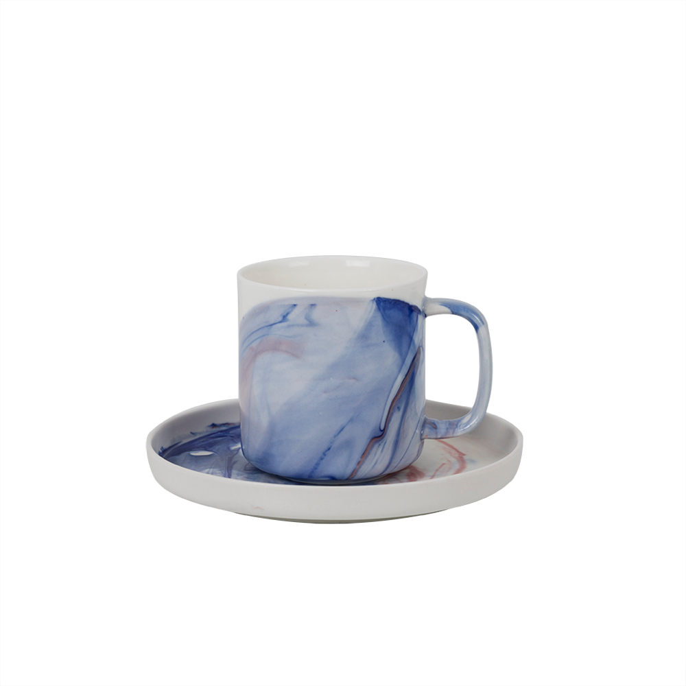 Service Café Marbré Bleu en Céramique, 6 Tasses avec Soucoupes