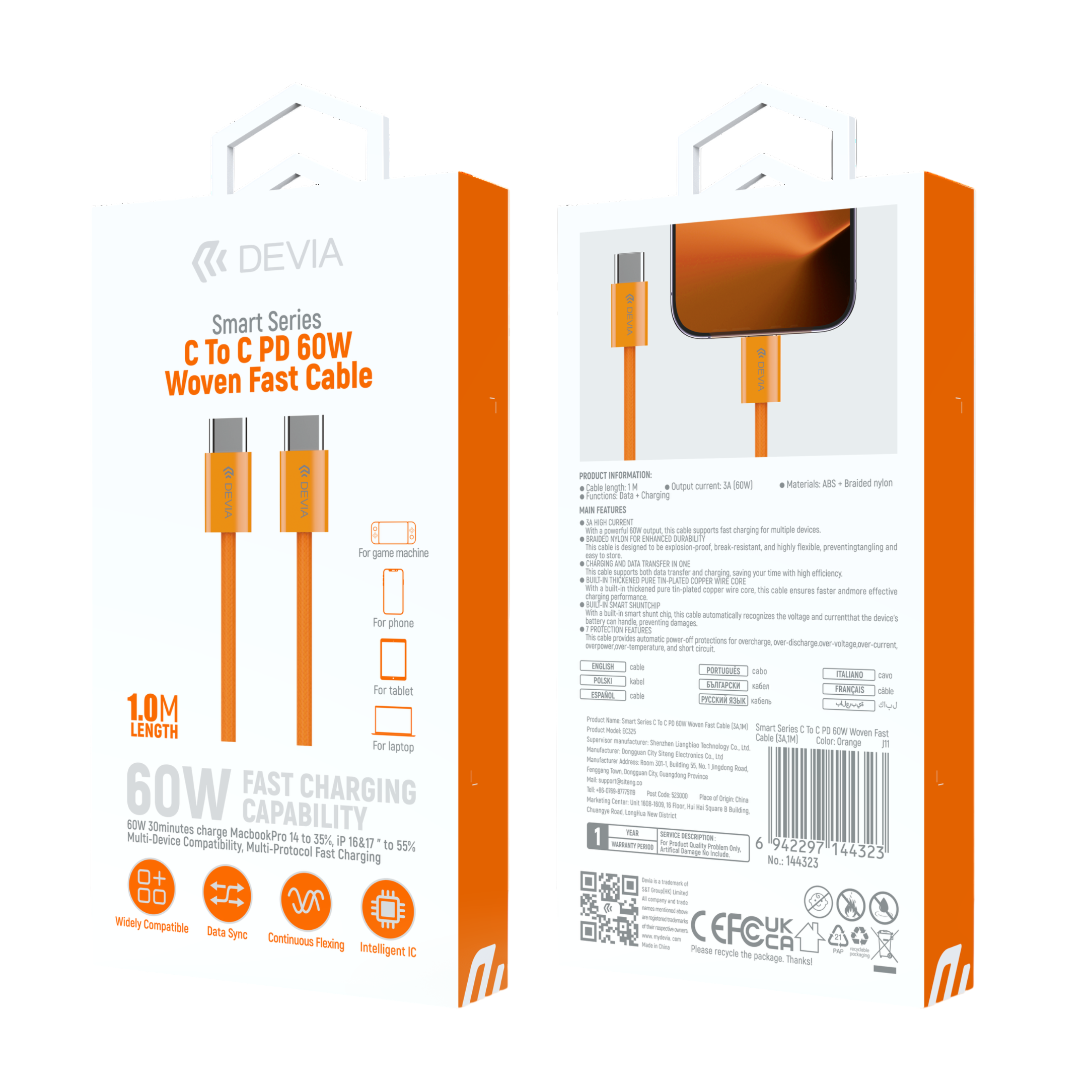 Devia Smart Series Câble Tressé USB-C vers USB-C PD 60W, Charge Rapide 3A, 1M Orange