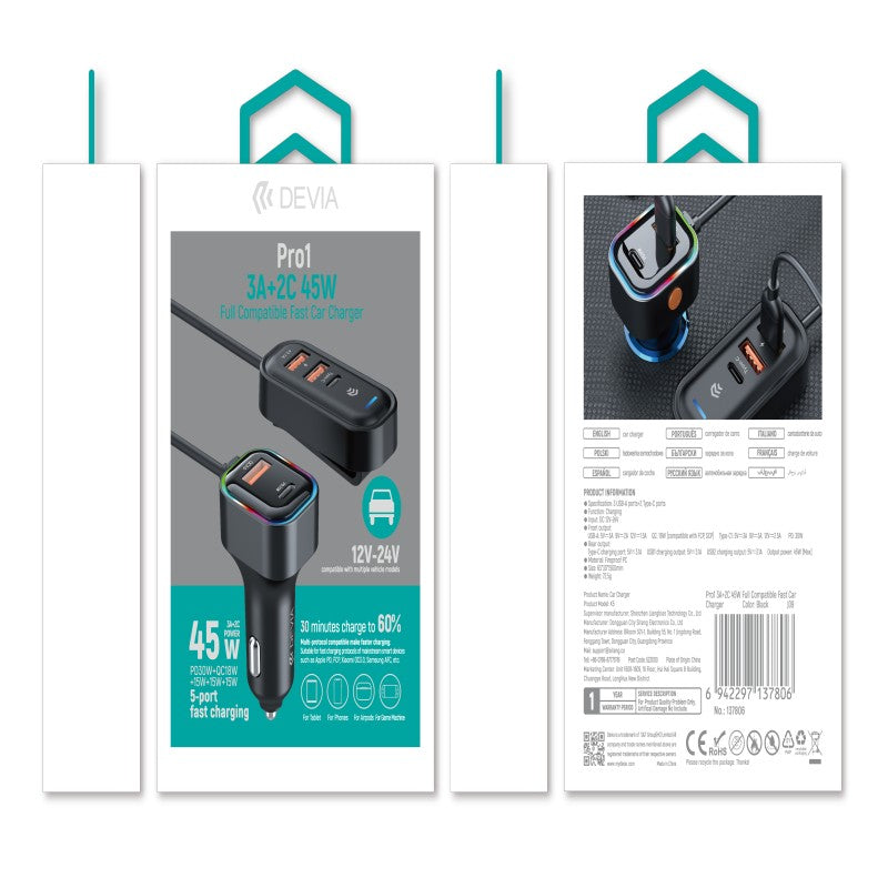 Devia Pro1 Chargeur voiture rapide 45W, 3 USB-A + 2 Type-C, compatibilité étendue