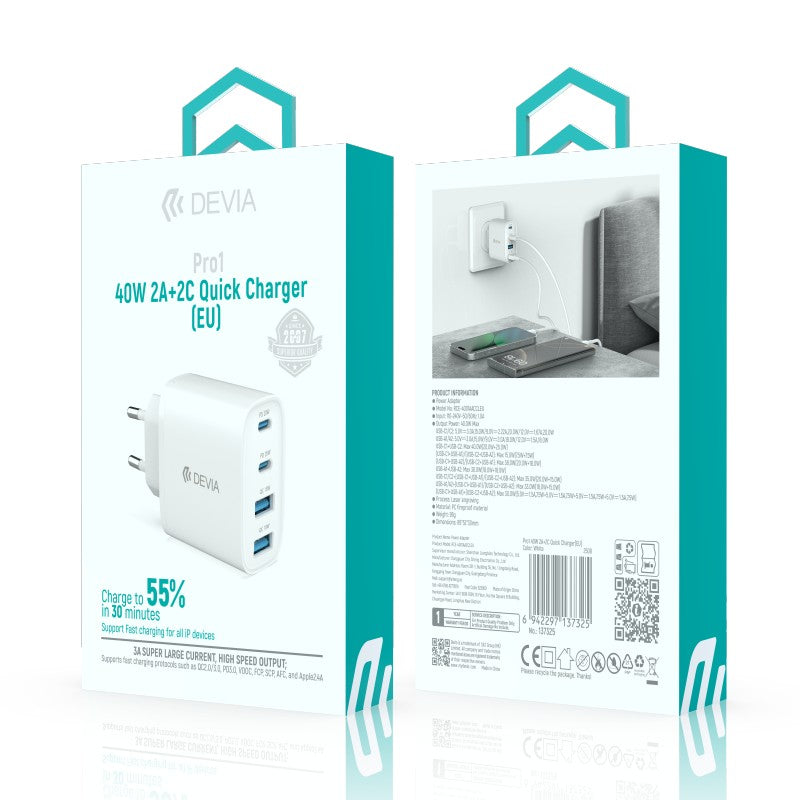 Devia Pro1 Adaptateur chargeur rapide 40W, 2 USB-A + 2 Type-C, prise EU