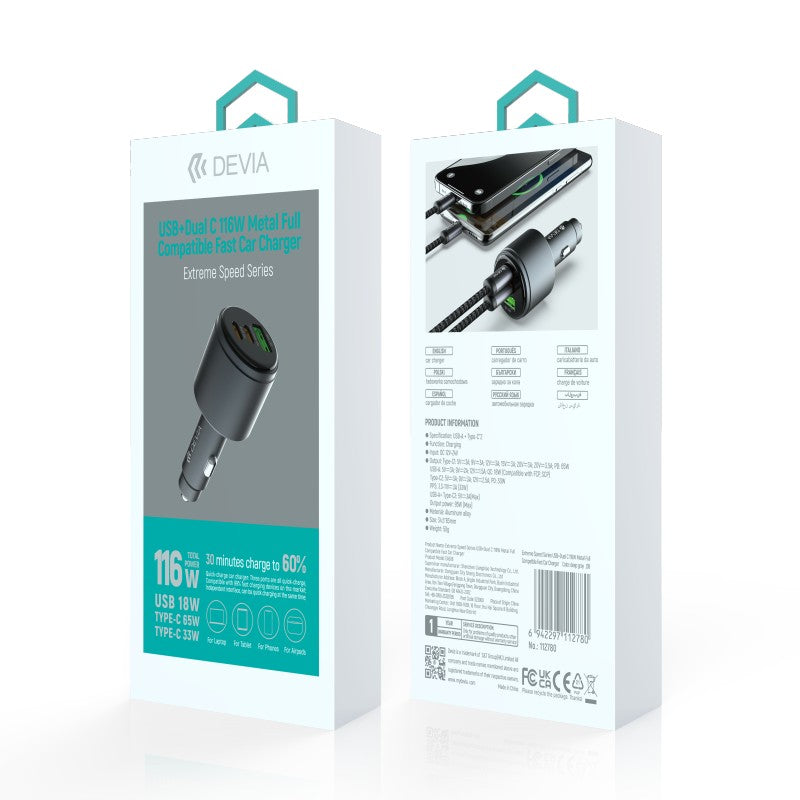 Devia Extreme Speed Series Chargeur voiture rapide 16W, USB + double Type-C, métal