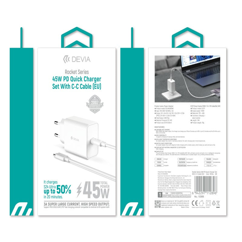 Devia Rocket Series Chargeur rapide  45W PD, avec câble Type-C vers Type-C, prise EU