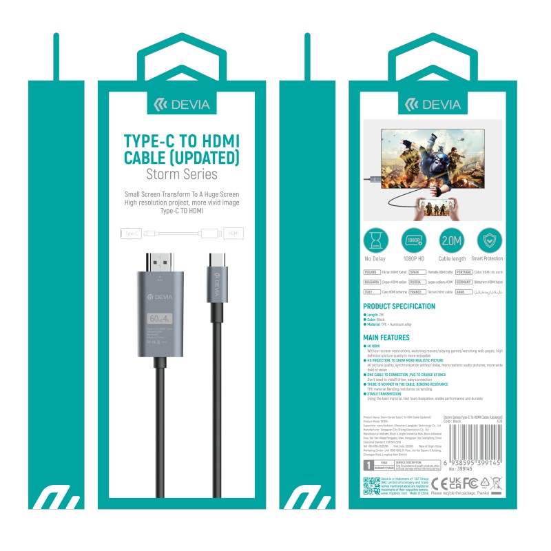 Devia Storm Series Câble 2m, Type-C vers HDMI