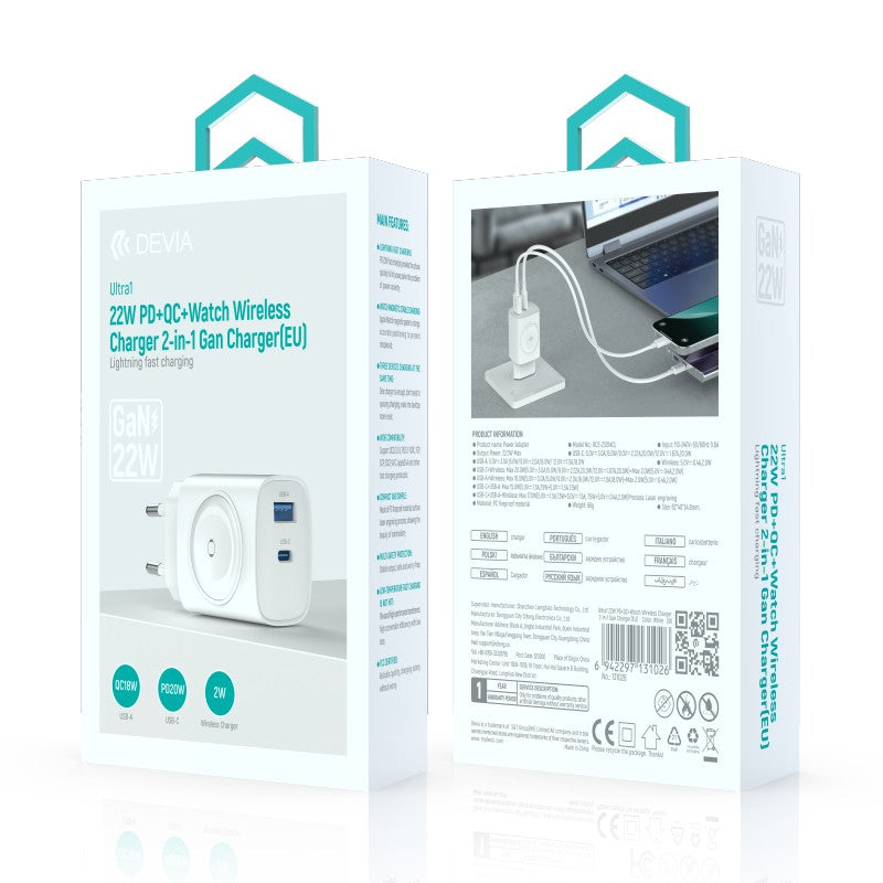 Devia Ultra1 Adaptateur chargeur GaN 22W PD + QC avec chargeur sans fil pour montre 2-en-1, prise EU