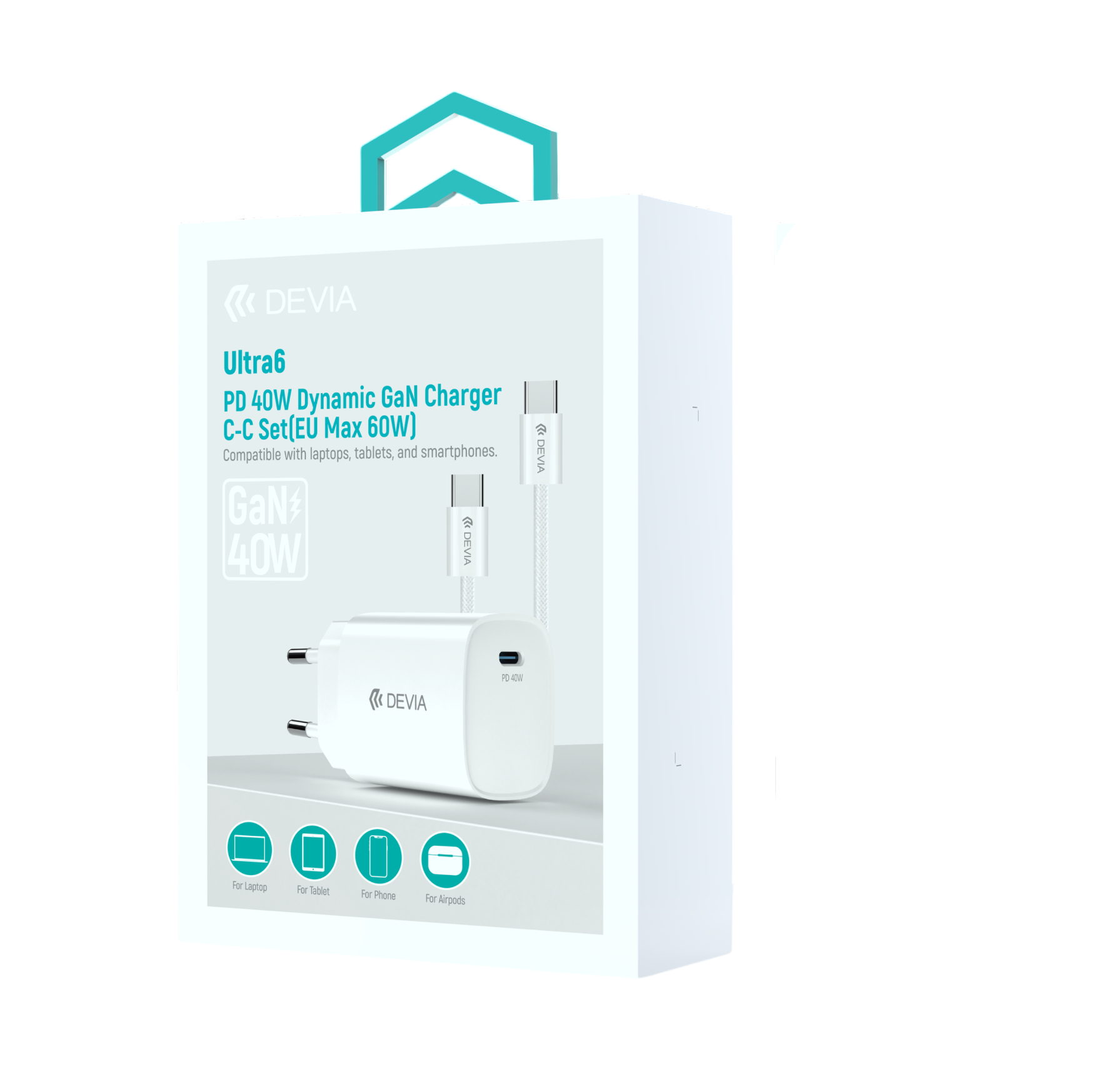 Devia Ultra 6 Chargeur GaN Dynamique PD 40W avec Câble USB-C vers USB-C, EU Max 60W Blanc