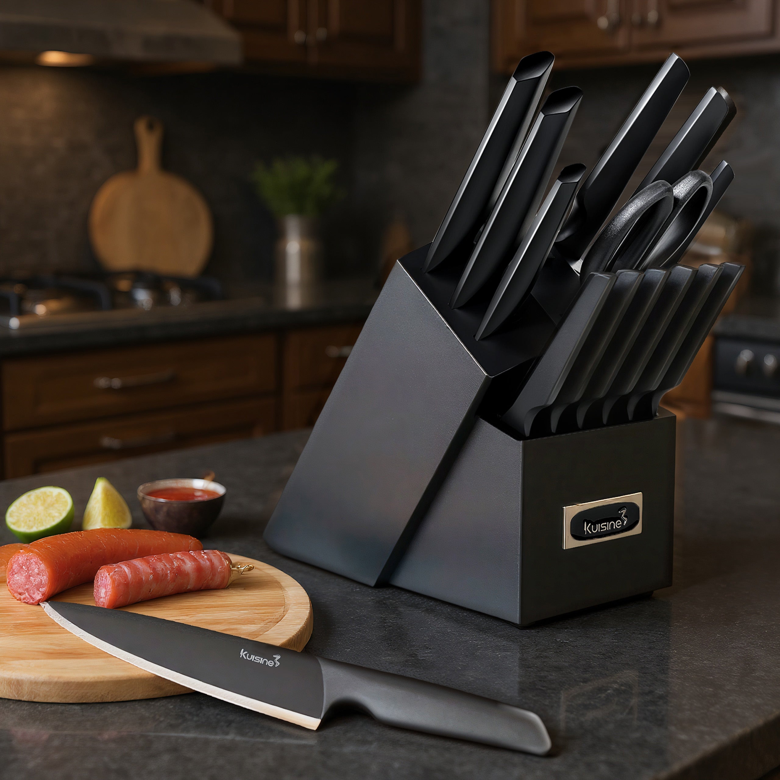 Kuisine Ensemble de Couteaux Premium 15 Pièces Noir, Acier Inoxydable et Ultra Tranchants