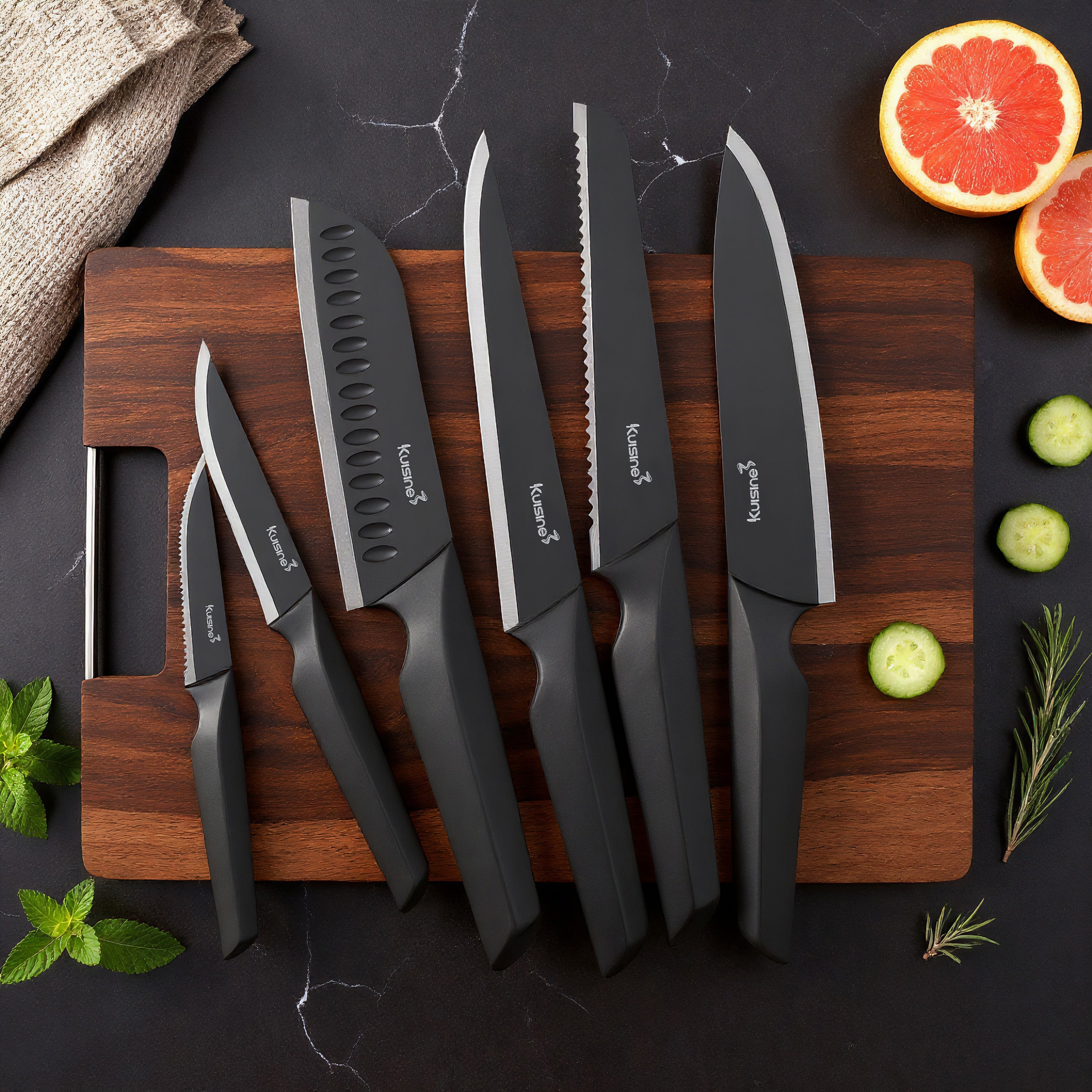 Kuisine Ensemble de Couteaux Premium 15 Pièces Noir, Acier Inoxydable et Ultra Tranchants